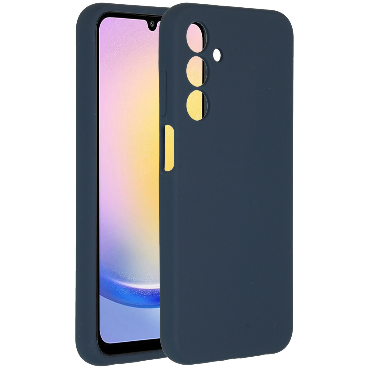 Een marineblauwe telefoonhoes wordt getoond met een telefoon erin. De hoes heeft openingen voor de camera en knoppen. Het telefoonscherm is zichtbaar.