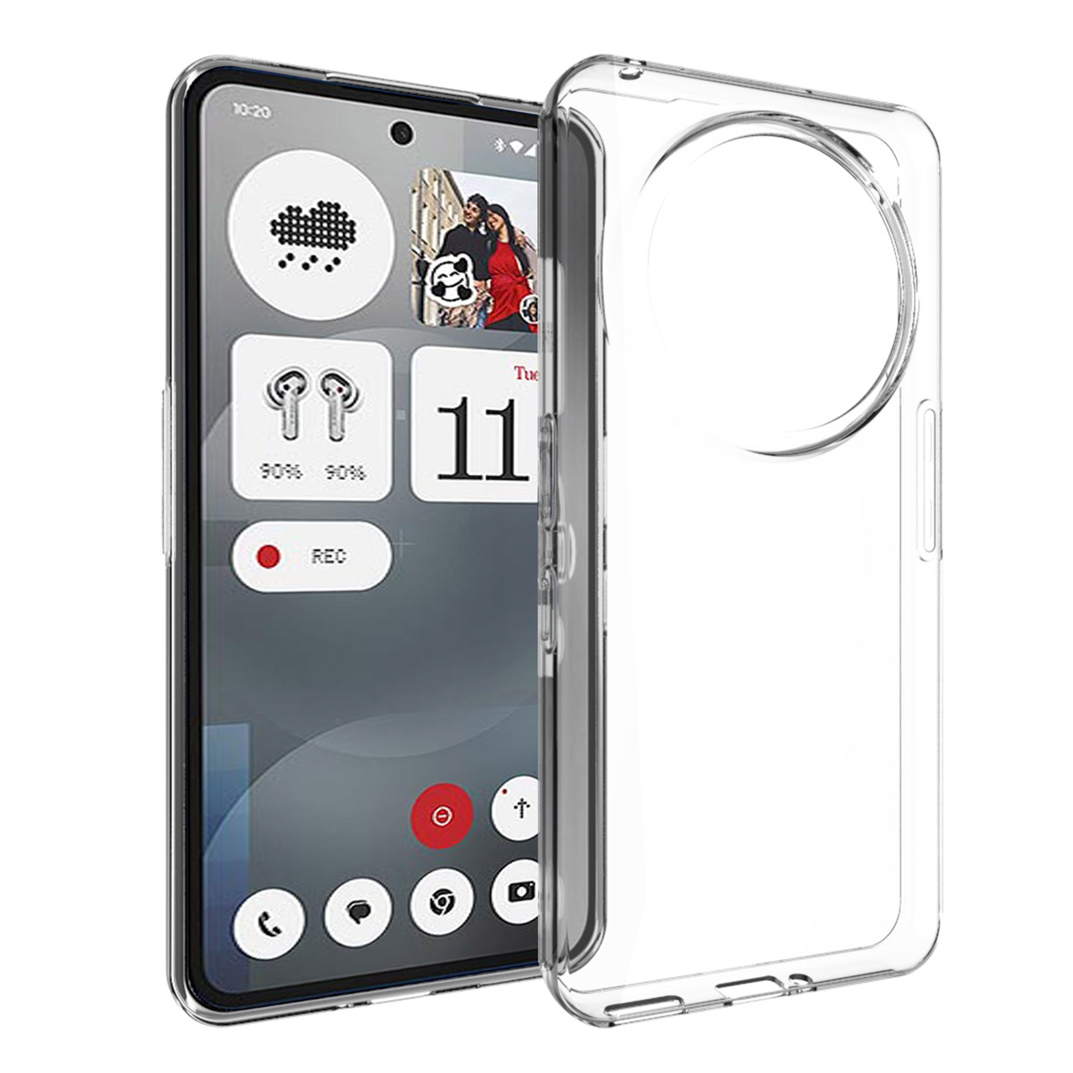 Een smartphone met een doorzichtige hoes wordt getoond. Het scherm toont app-iconen, datum, tijd en een foto van een stel. De hoes is transparant.