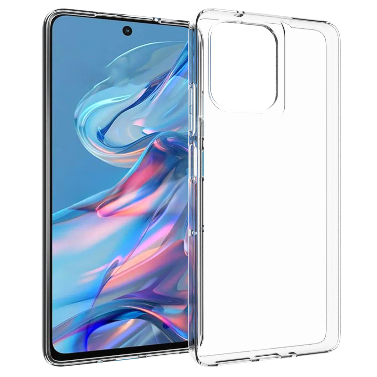 Een smartphone met een kleurrijk ontwerp op het scherm, naast een transparante telefoonhoes.