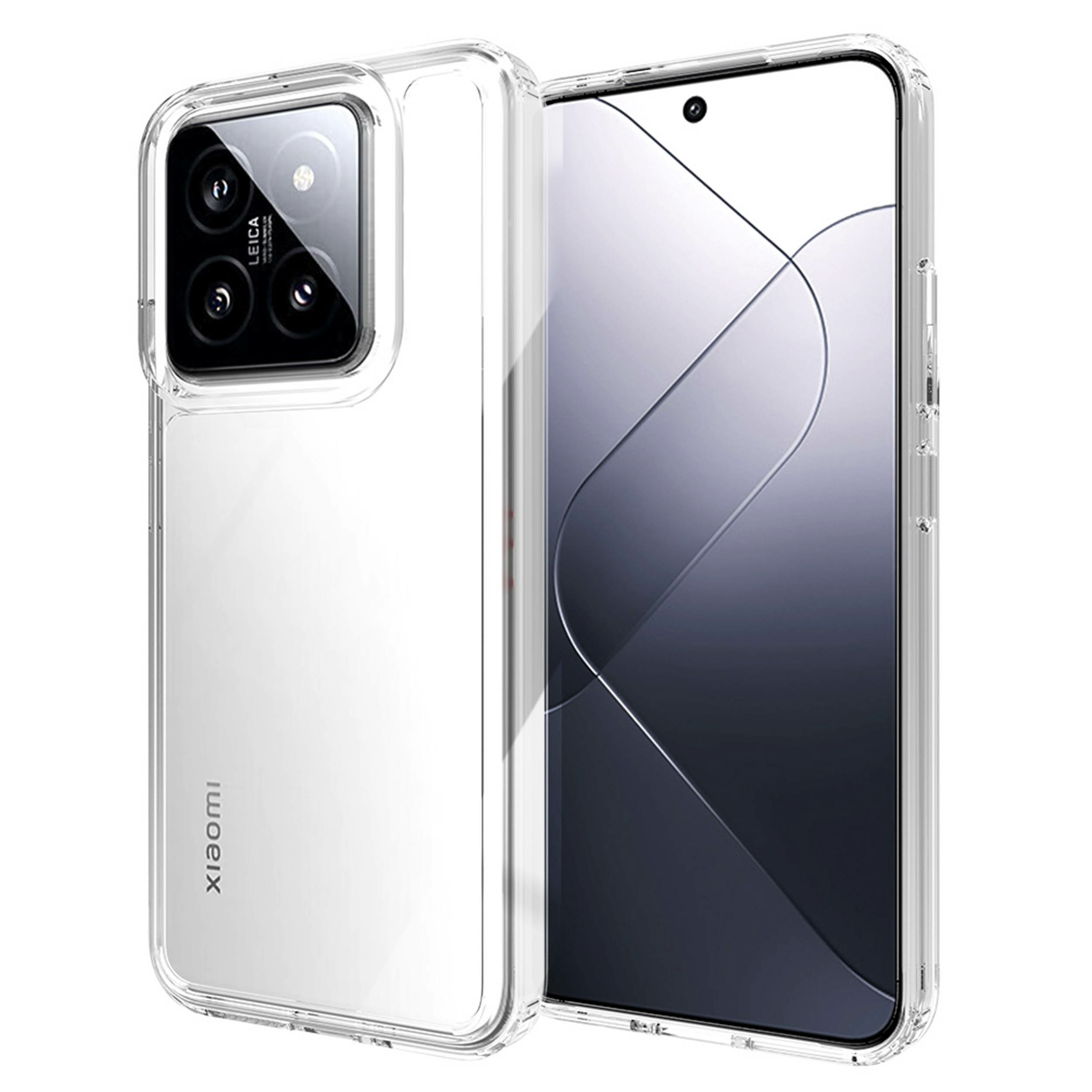 Een doorzichtige telefoonhoes met een telefoon erin. De telefoon heeft een zwart scherm en een camera.