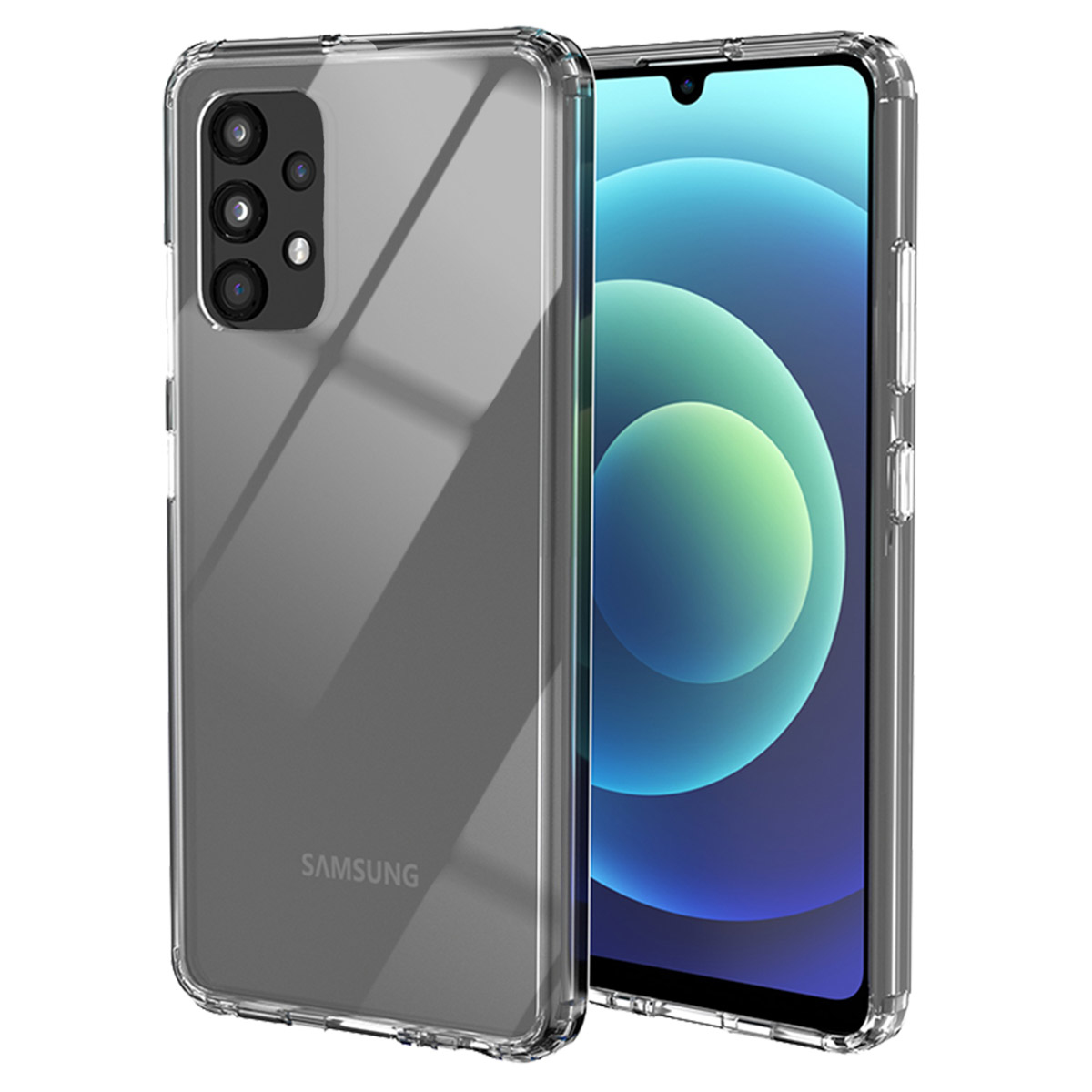 Une coque de téléphone transparente à côté d'un smartphone avec un écran affichant des formes abstraites bleues et vertes. La coque a un logo Samsung.
