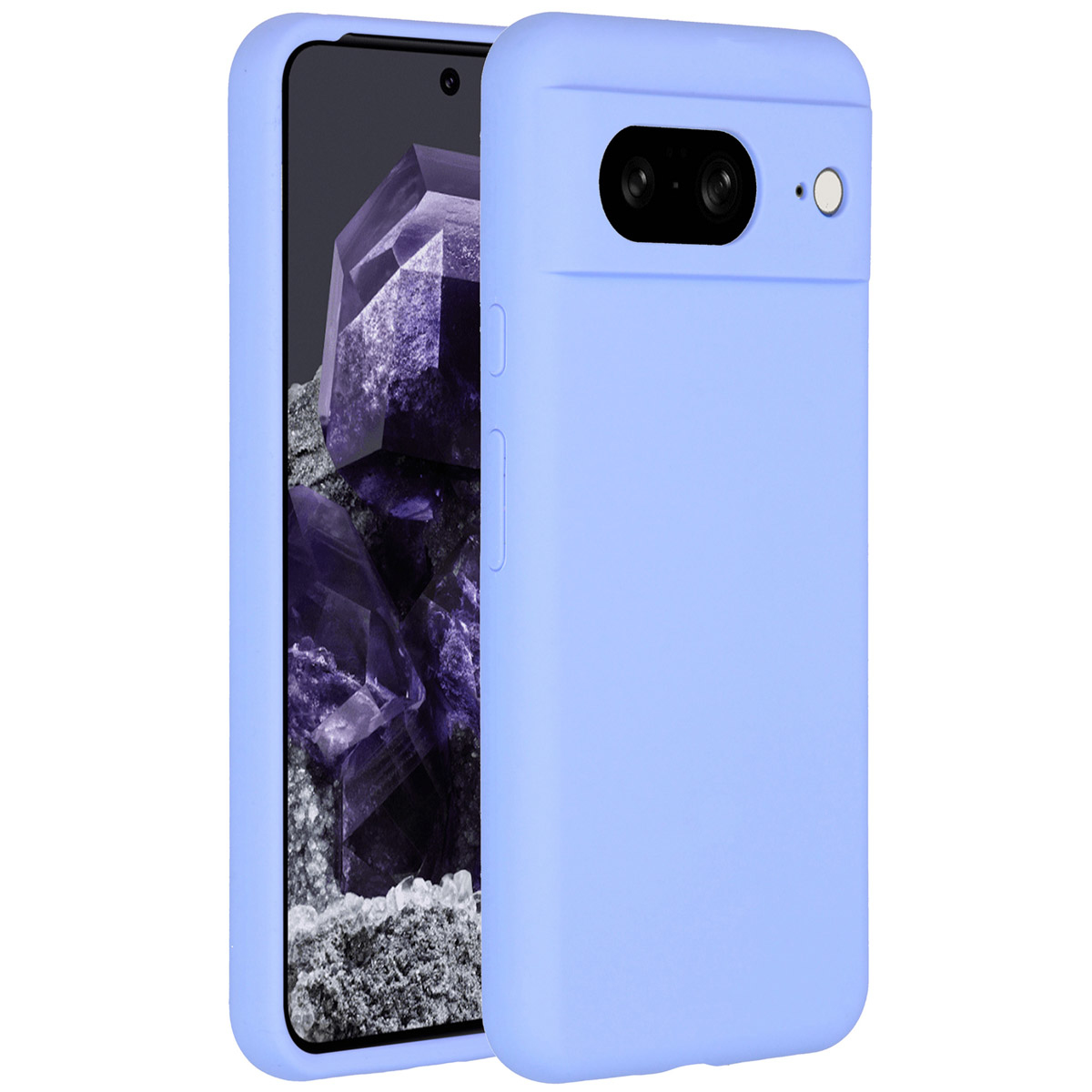 Un étui de téléphone bleu clair avec un téléphone à l'intérieur. L'écran du téléphone affiche des cristaux violets. L'étui a des découpes pour l'appareil photo et des boutons.