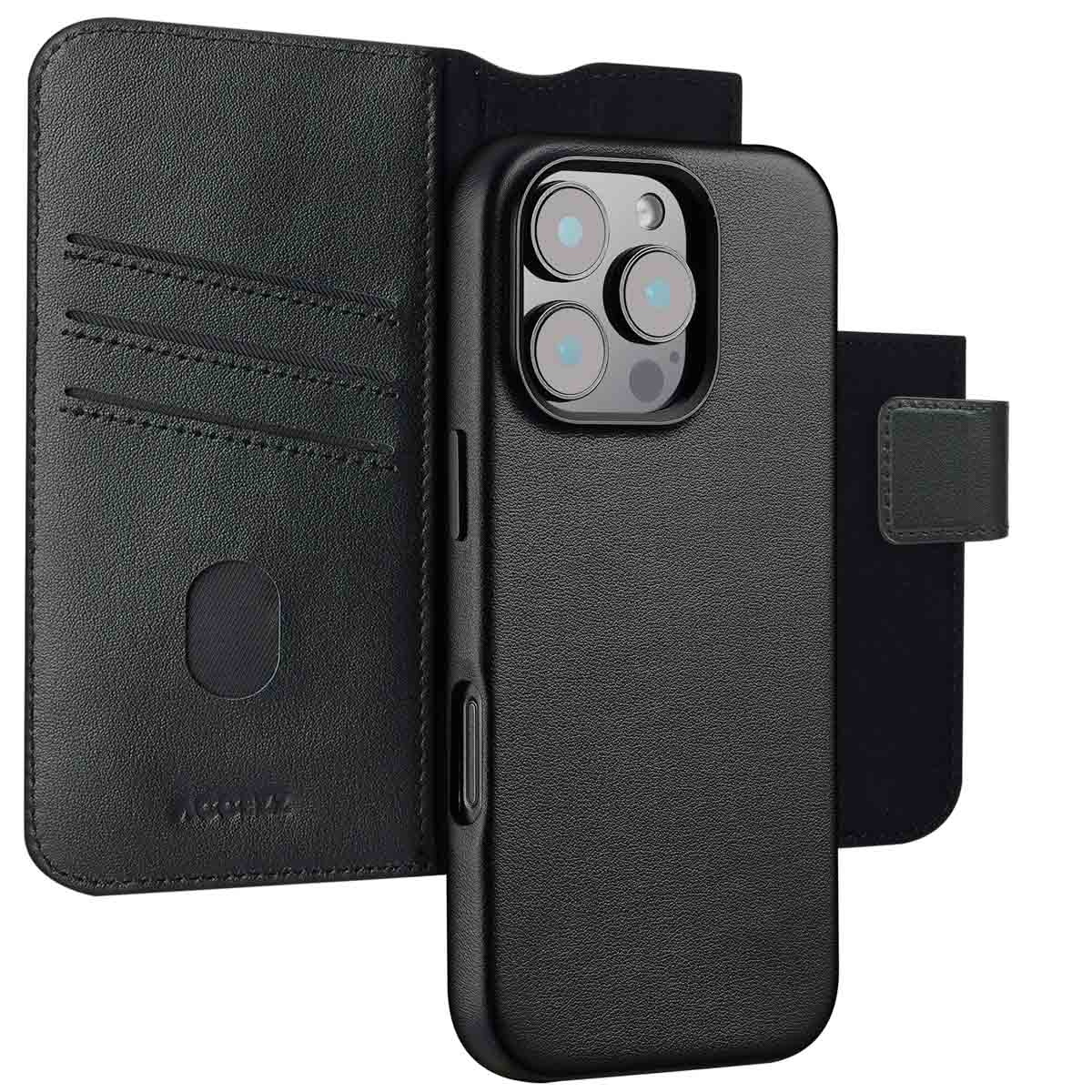 Zwarte leren telefoonhoes met kaartsleuven. De hoes heeft een camera-uitsparing en een magnetische sluiting.
