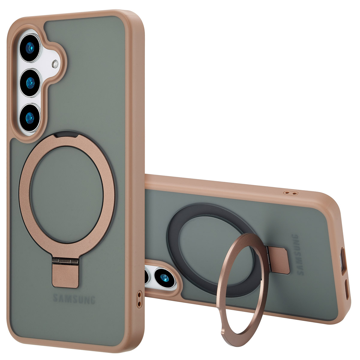 Twee telefoonhoesjes. Eén staat rechtop, de andere schuin. Beide hebben een ringhouder en zijn grijsgroen met een bruin frame. Samsung-logo.