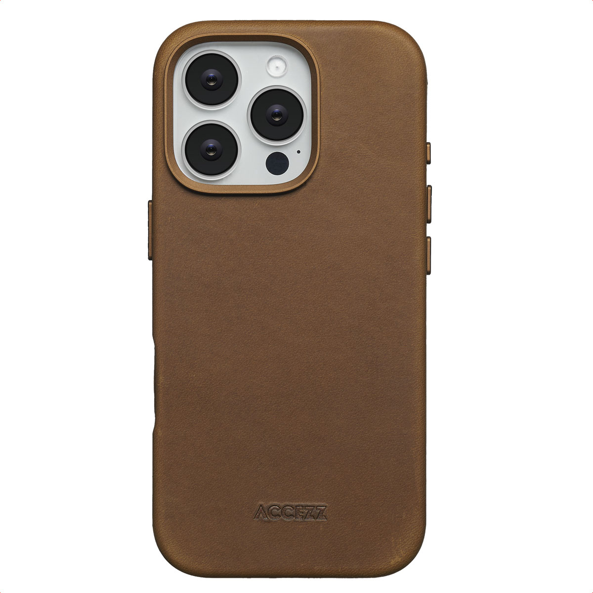 Una custodia per telefono in pelle marrone con più lenti della fotocamera e il logo ACCEZZ.