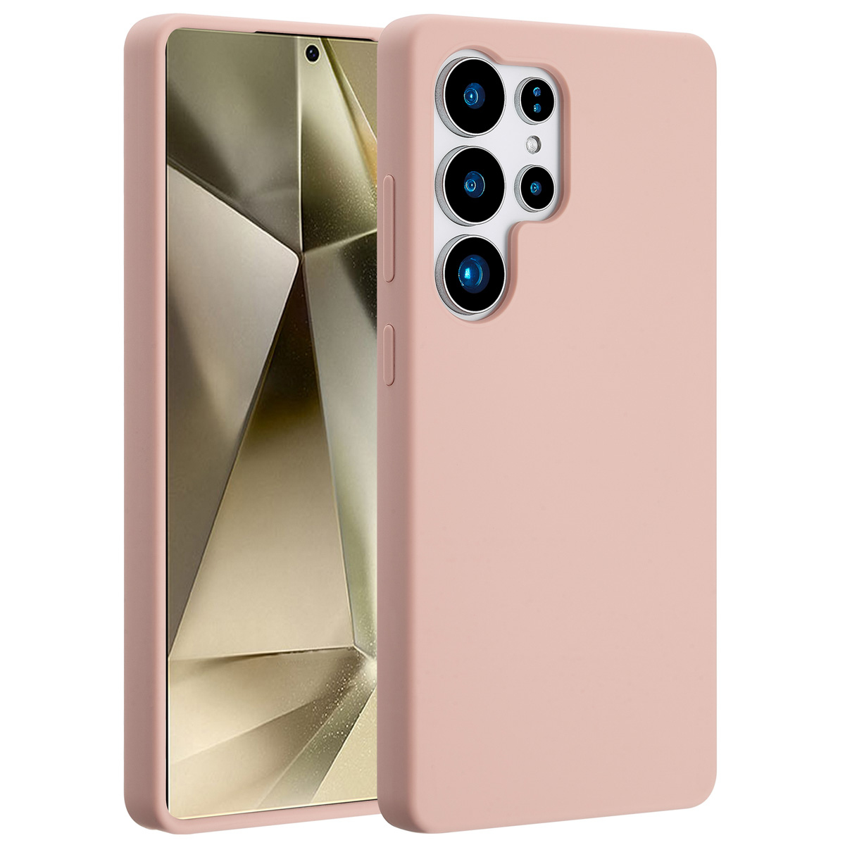 Een roze telefoonhoesje en een telefoon. De telefoon heeft een scherm met een geometrisch ontwerp. De hoes heeft camera-uitsparingen.