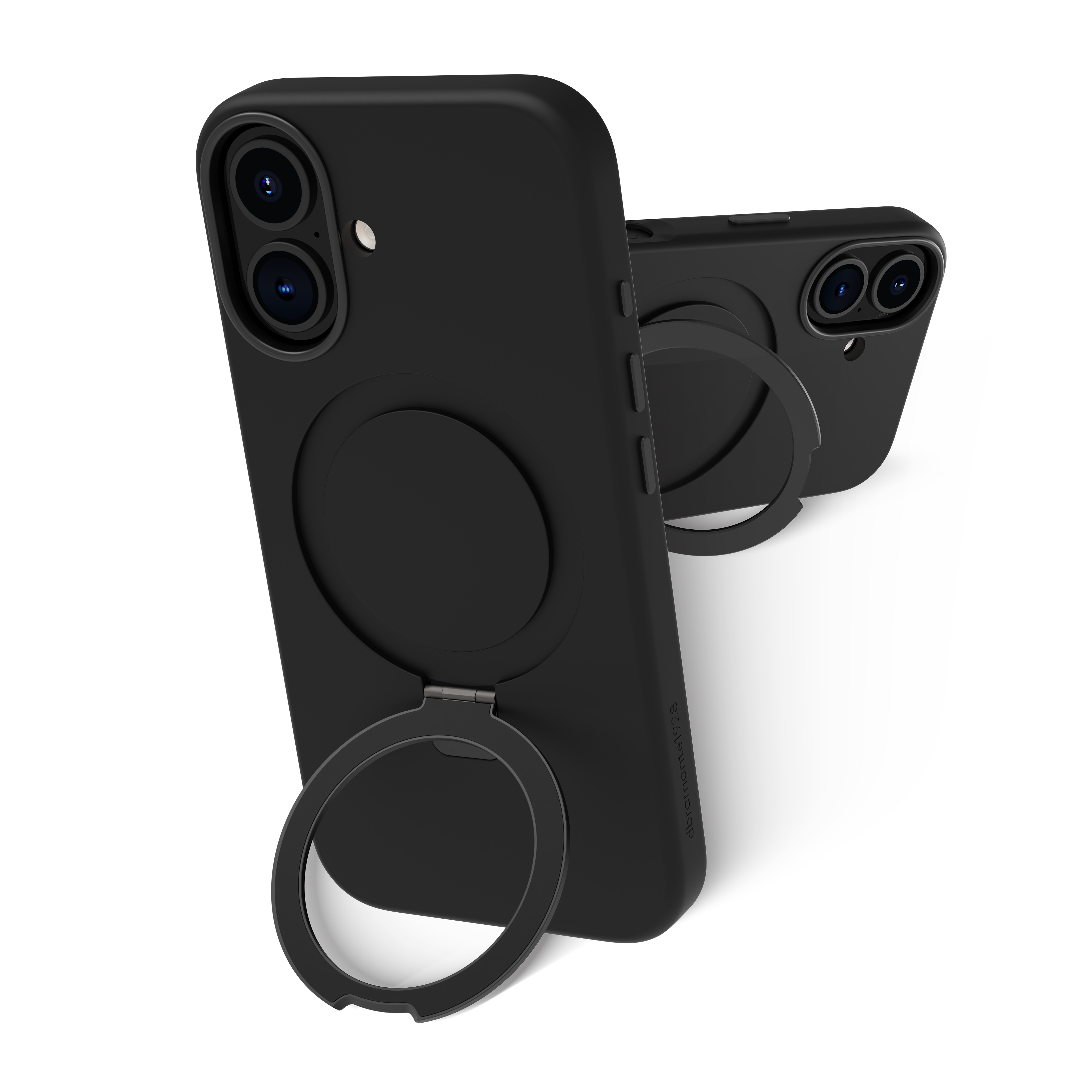 Due custodie nere per telefono con anelli, una verticale e una angolata. Sfondo bianco, ripresa in studio ben illuminata.