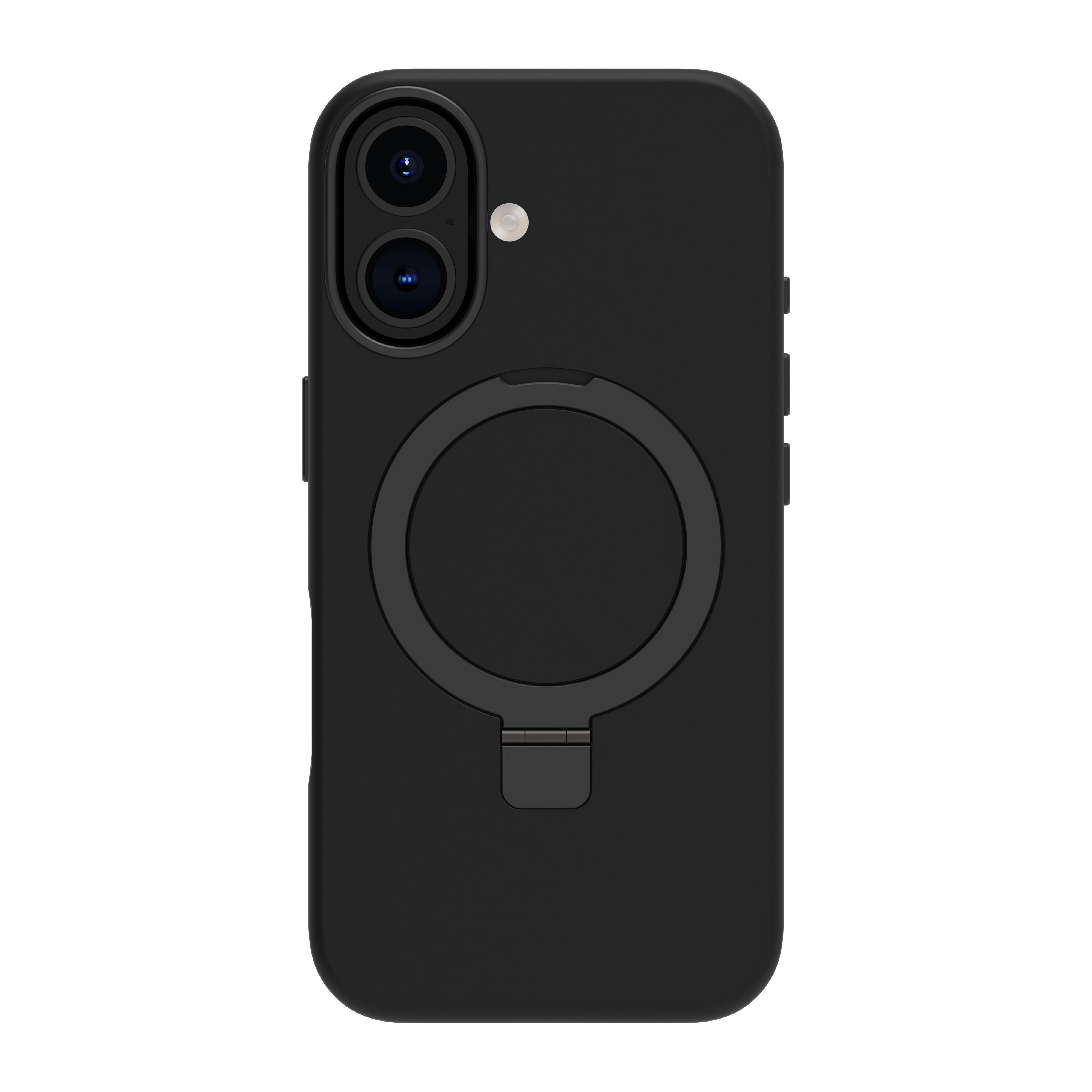 Custodia nera per telefono con lenti della fotocamera, anello e cavalletto su sfondo bianco.