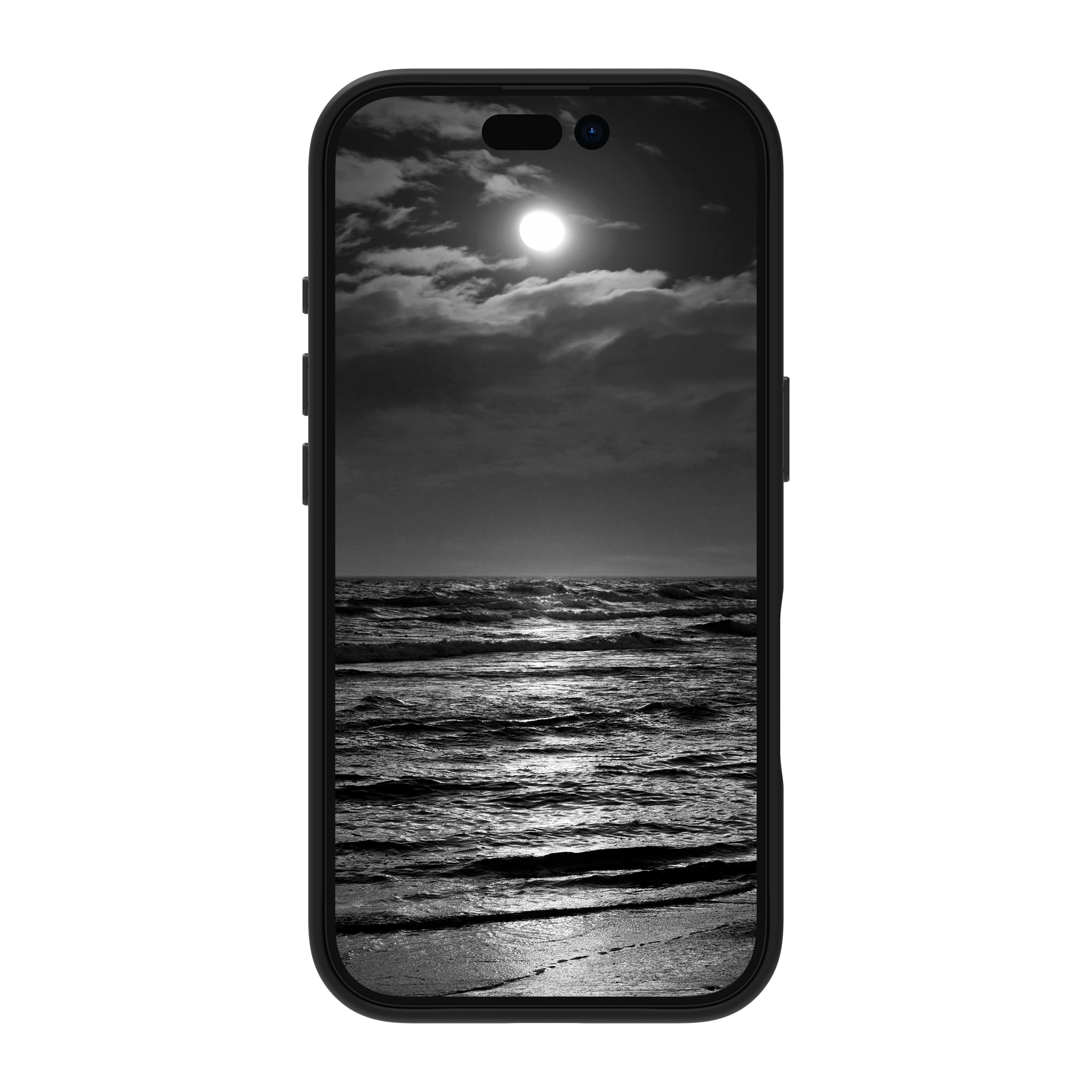Un telefono mostra un paesaggio marino in scala di grigi con luna luminosa, nuvole e onde che si infrangono.