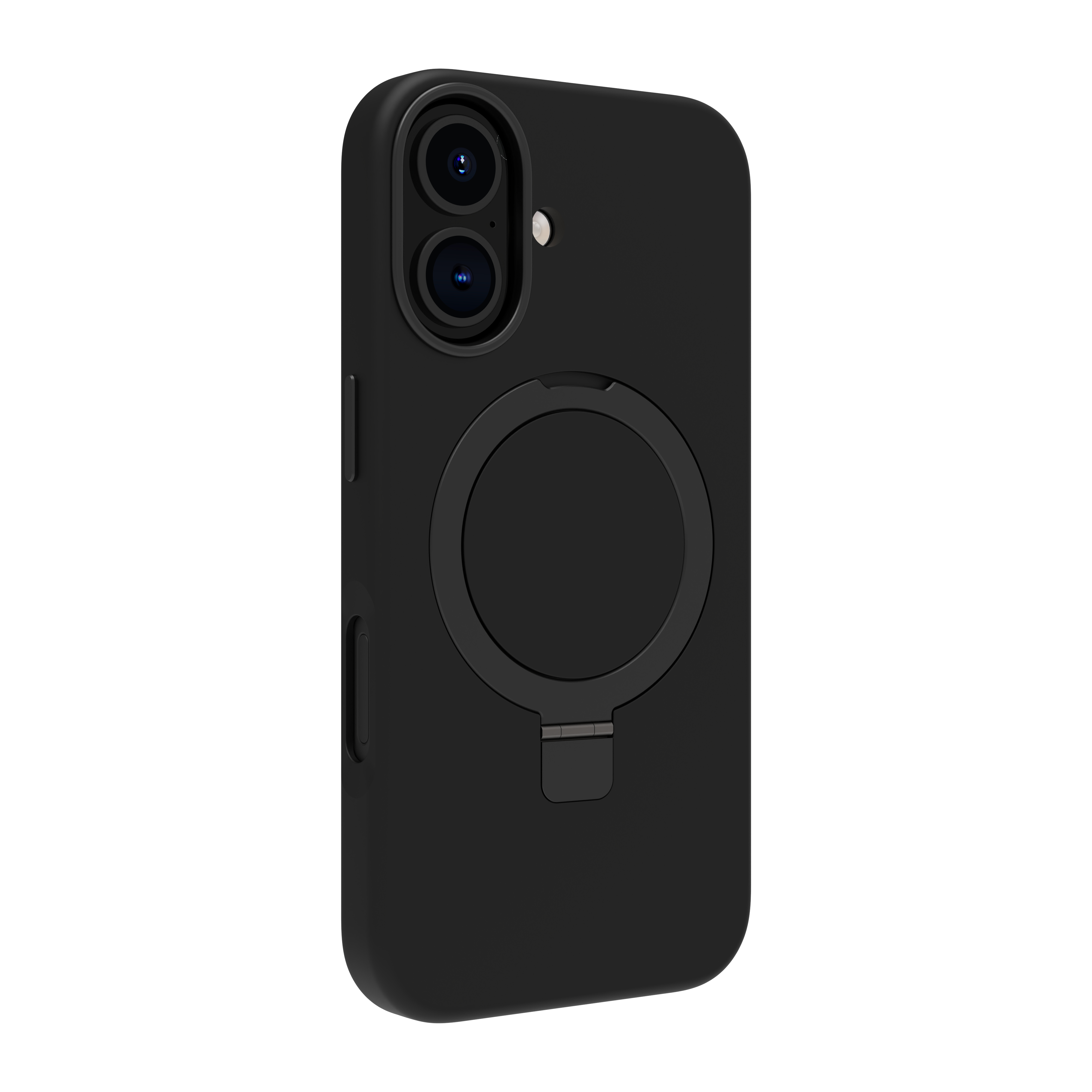 Una custodia nera per telefono con supporto ad anello e fori per la fotocamera. Sfondo bianco.