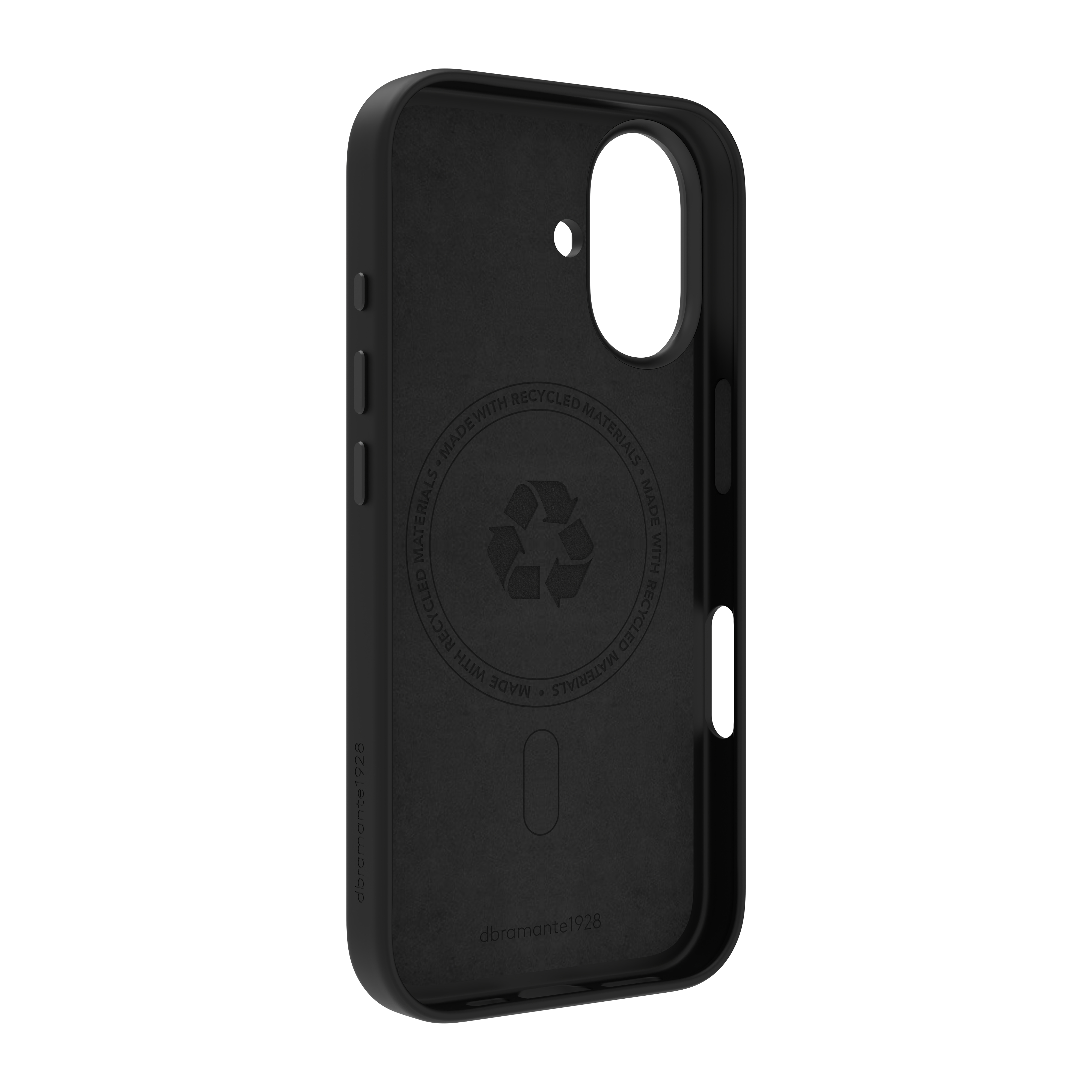 Custodia nera per telefono con simbolo di riciclo e scritta 'Realizzato con materiali riciclati'. Marchio visibile.