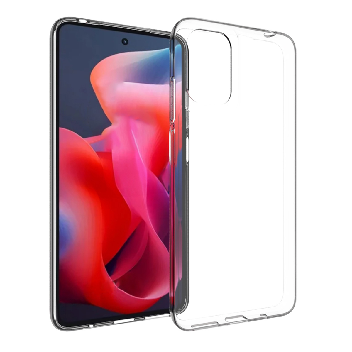 Un smartphone avec un fond d'écran abstrait coloré à côté d'une coque transparente. L'étui est légèrement détaché du téléphone.