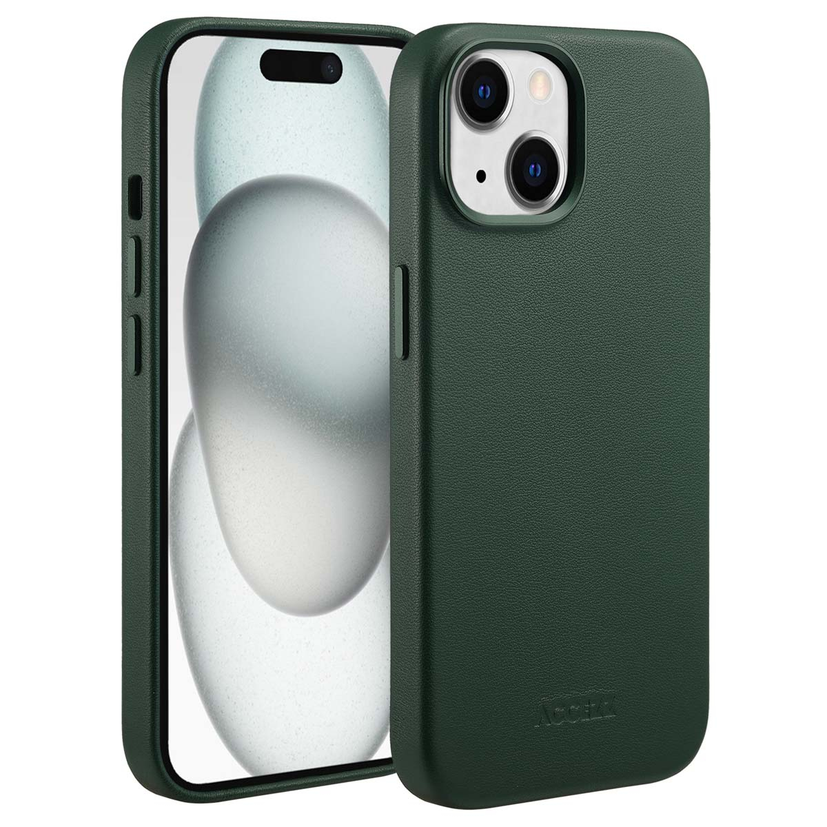 Een donkergroene telefoonhoes en een telefoon. De telefoon heeft een zwart scherm en de hoes is licht getextureerd en heeft de merknaam.