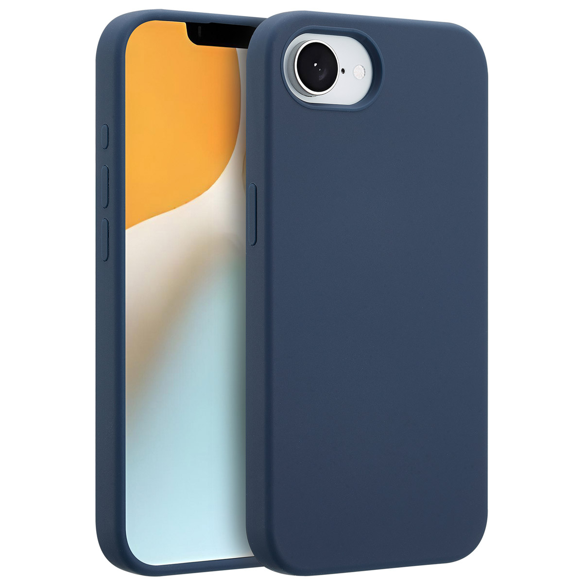 Een marineblauwe telefoonhoes wordt getoond, die gedeeltelijk een telefoon bedekt met een wit scherm en camera. De achtergrond is wit.