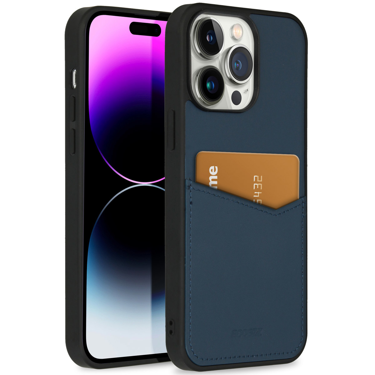 Un smartphone dans un étui bleu avec une carte dans une poche. Le téléphone est noir et a un écran violet. La carte est beige.