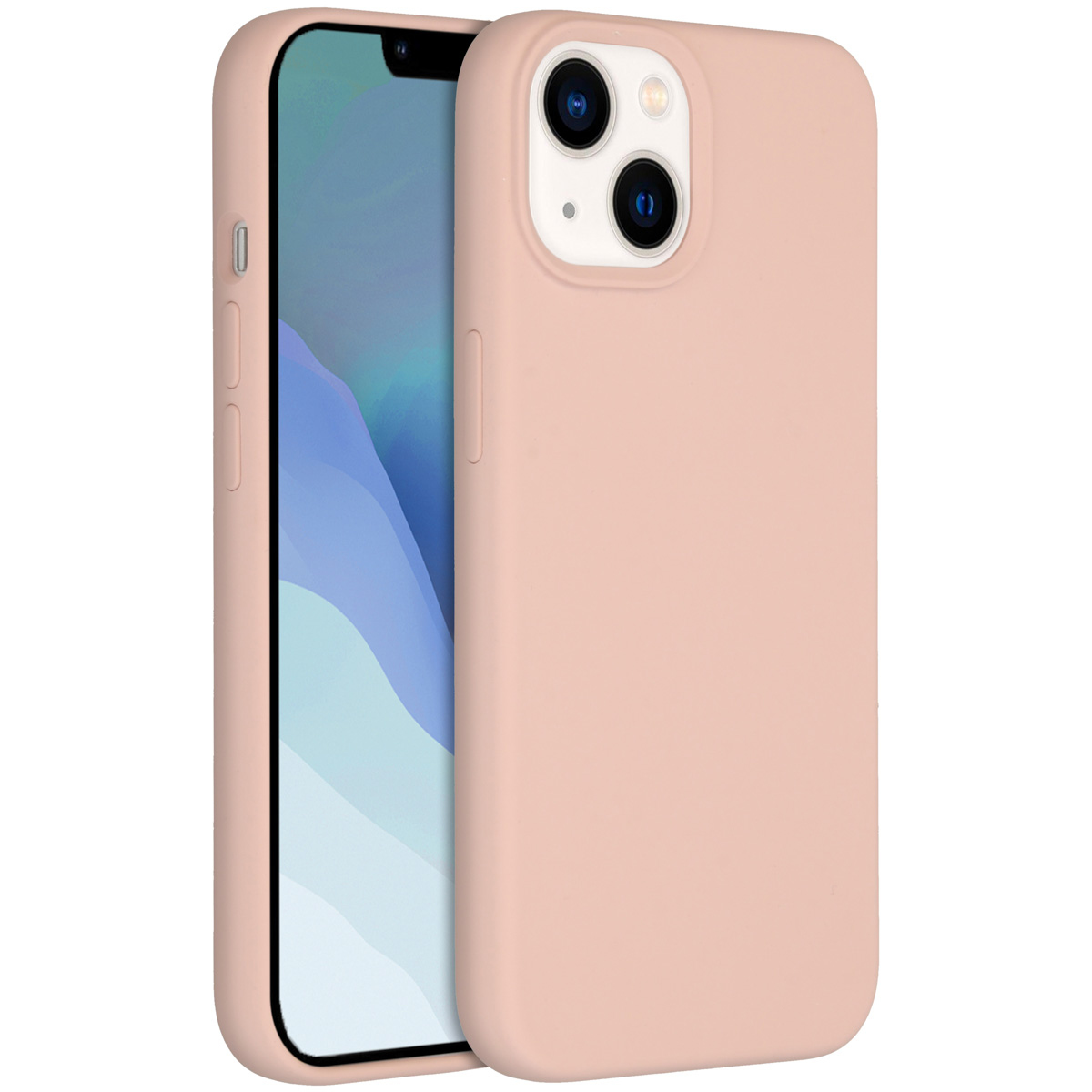 Een roze telefoonhoesje met een telefoon erin. Het telefoonscherm toont een blauwe en witte abstracte afbeelding.