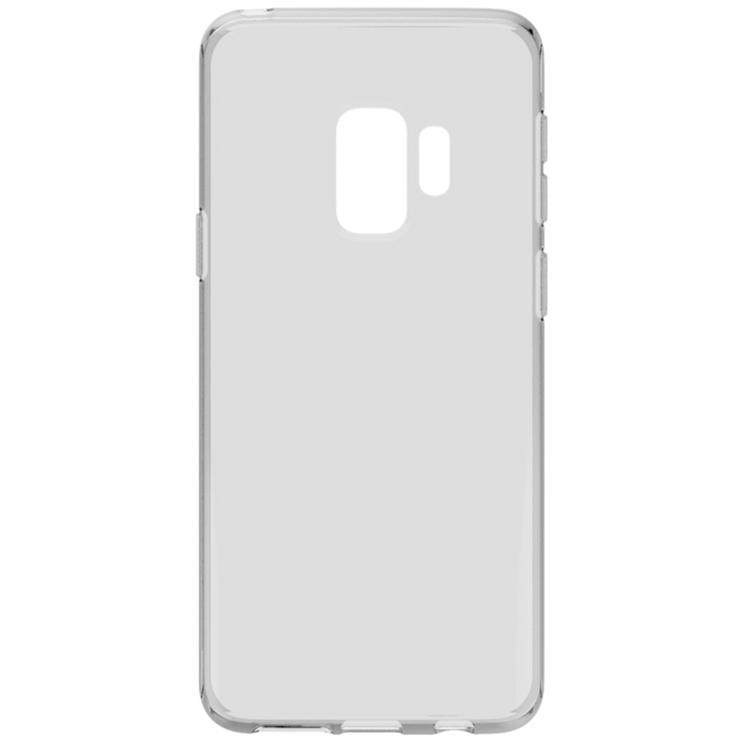 Une coque de téléphone transparente. Elle comporte des découpes pour l'appareil photo et les boutons. La coque est rectangulaire et a des coins arrondis.