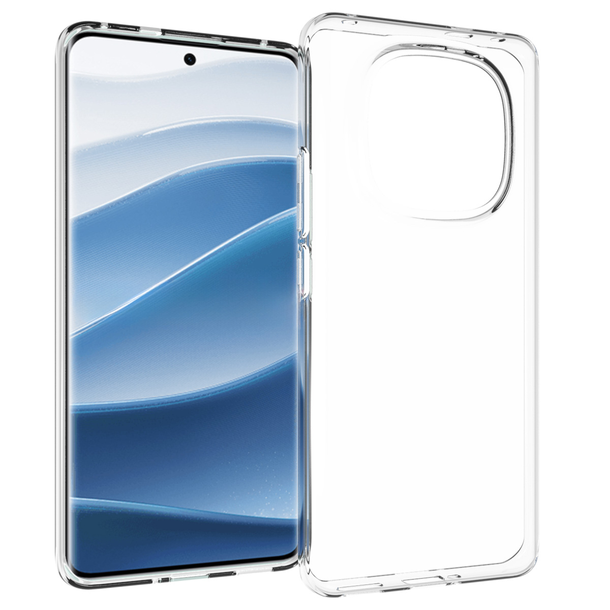 Une coque de téléphone transparente à côté d'un smartphone avec un motif de vagues bleues et blanches sur l'écran.