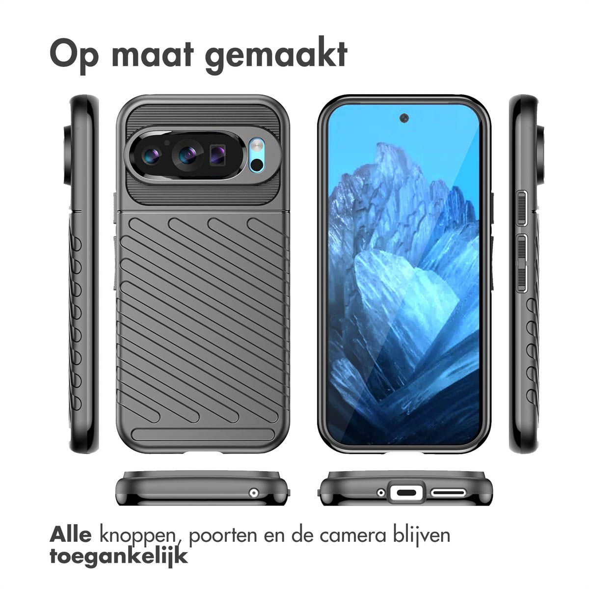 Afbeelding toont een telefoonhoesje met een telefoon erin. De hoes is grijs en het telefoonscherm toont een blauw en wit beeld.