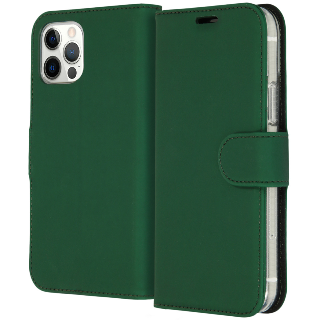 Green phone case open, showing phone. Case has a clasp. Phone has camera lenses.