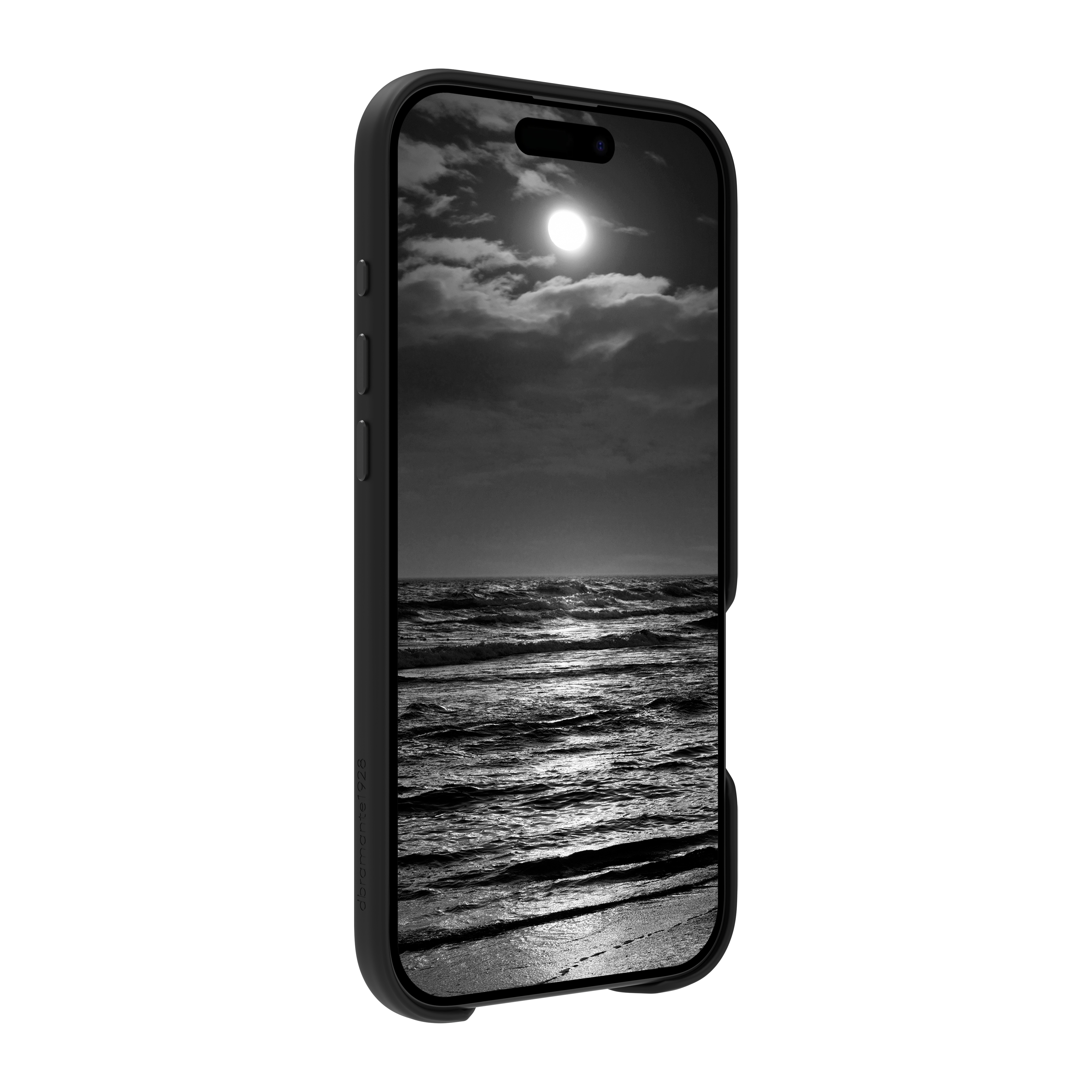 Un telefono mostra un'immagine in bianco e nero di un oceano illuminato dalla luna. Il telefono è in una custodia nera.