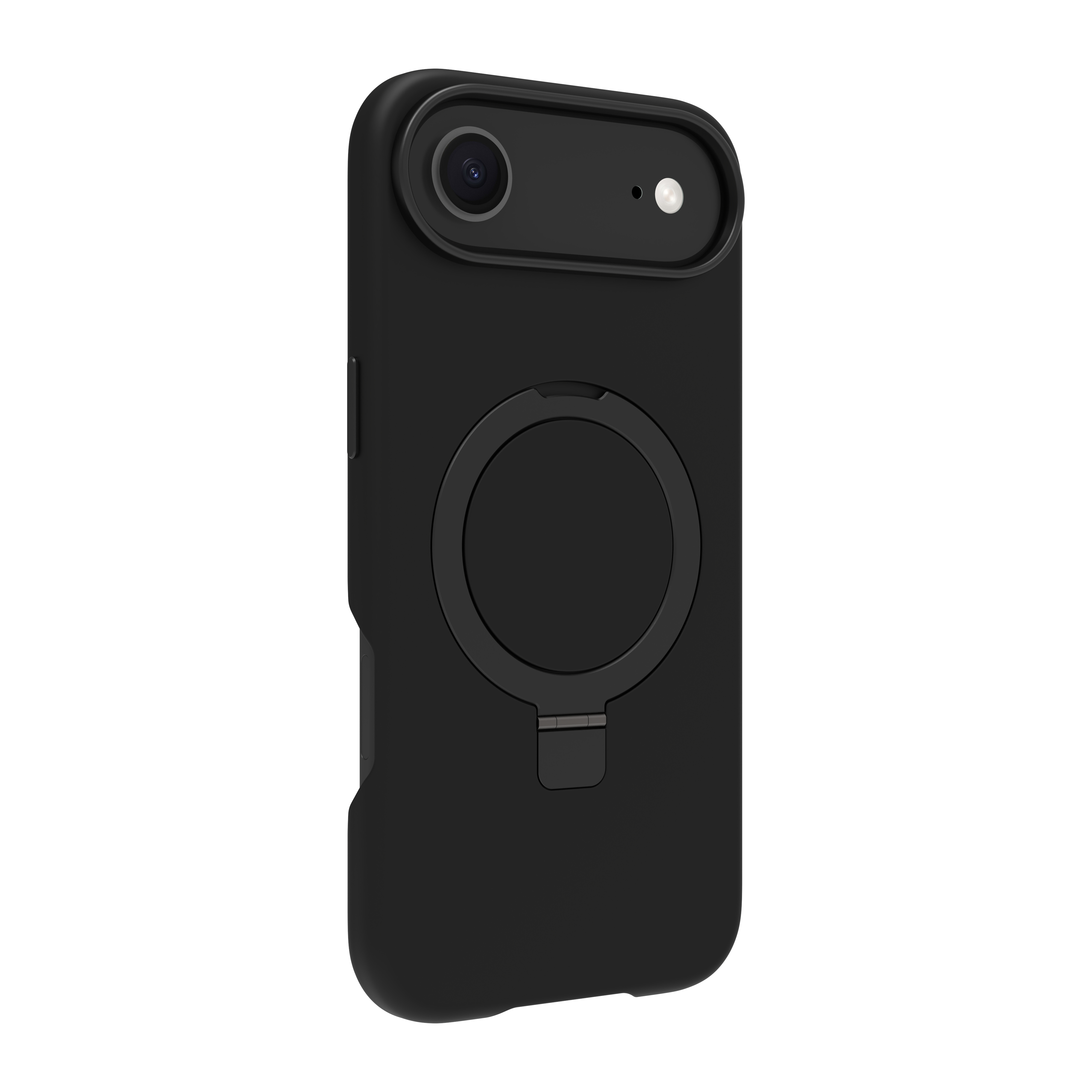 Custodia nera per telefono con fotocamera e anello. Presenta un anello di supporto sul retro. Lo sfondo è bianco.