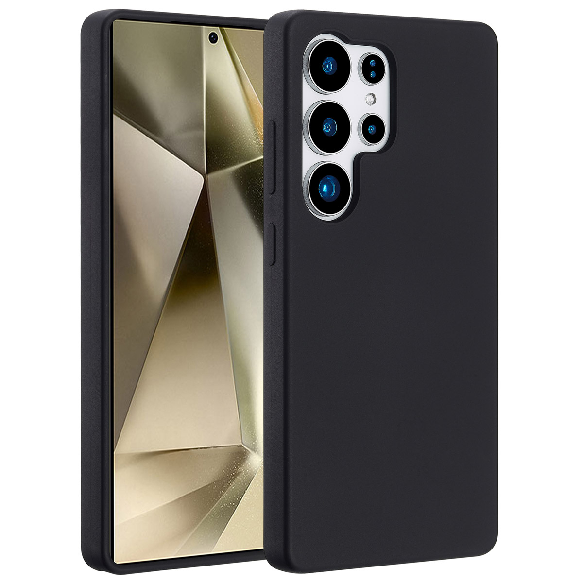 Een zwarte telefoonhoes met een telefoon erin. De telefoon heeft meerdere cameralenzen en een scherm met een geometrisch patroon.