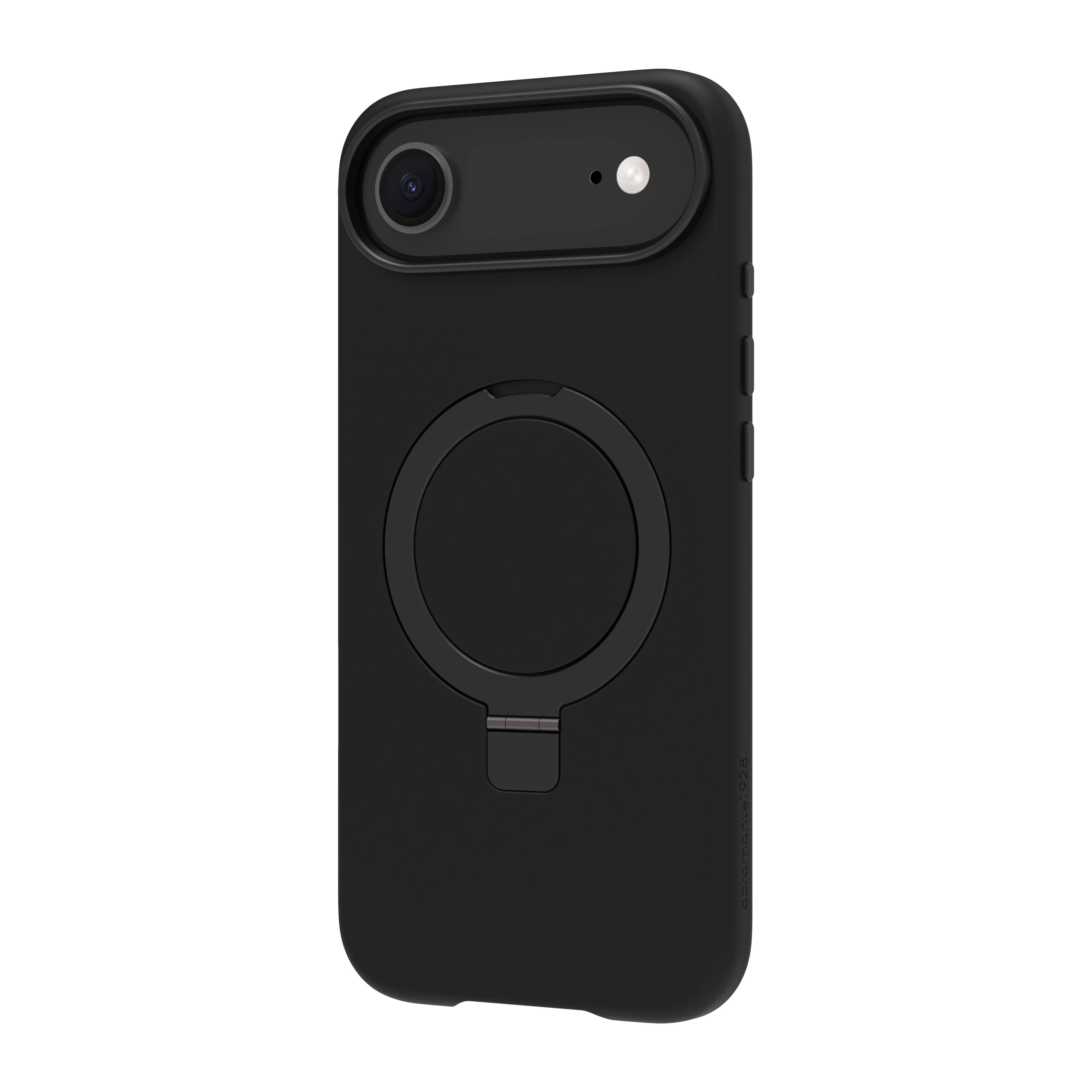 Custodia nera per telefono con ritaglio per fotocamera e anello magnetico. Ha un supporto.