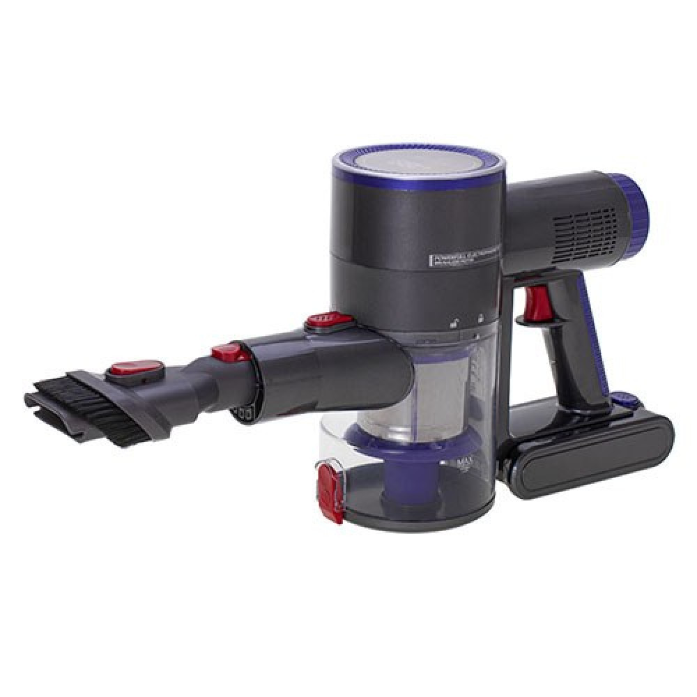 Odkurzacz ręczny. Jest czarny i szary z czerwonymi przyciskami. Z lewej strony znajduje się nasadka ze szczotką. Uchwyt jest po prawej.