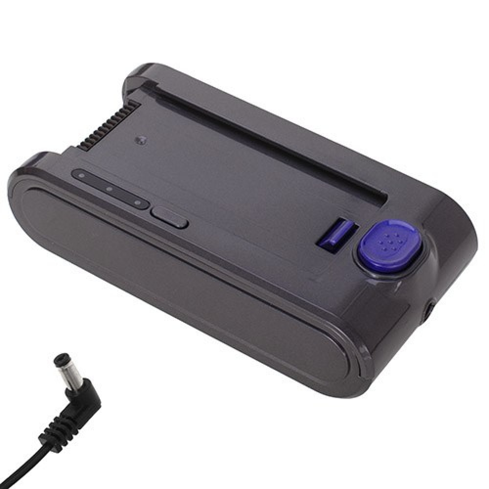 Ciemnoszara bateria do odkurzacza z niebieskim przyciskiem. Czarny przewód zasilający znajduje się po lewej stronie.