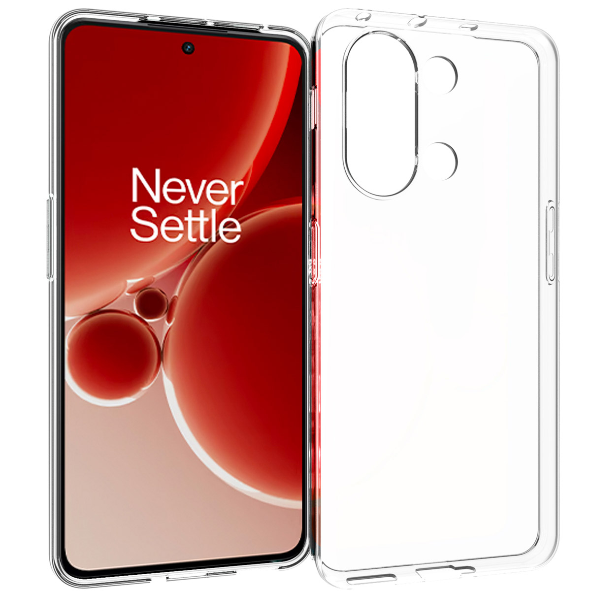 Een doorzichtige telefoonhoes naast een telefoon met een rode en witte achtergrond. De telefoon toont de woorden 'Never Settle'.