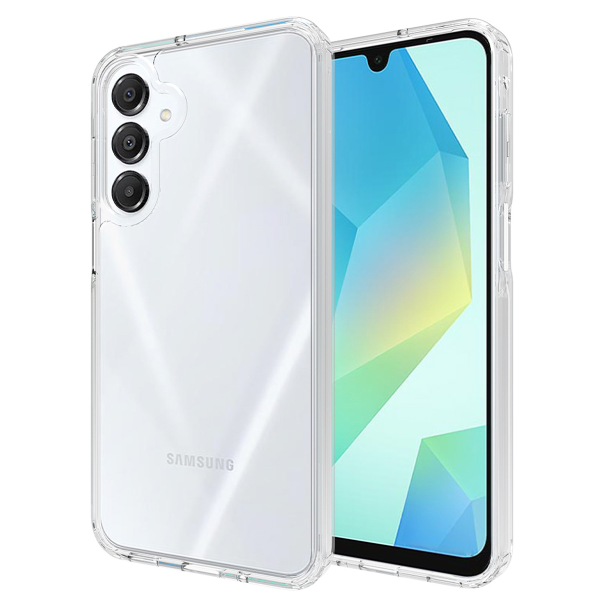 Coque de téléphone transparente sur un téléphone Samsung. Le téléphone a trois caméras. La coque est transparente. L'écran est allumé.