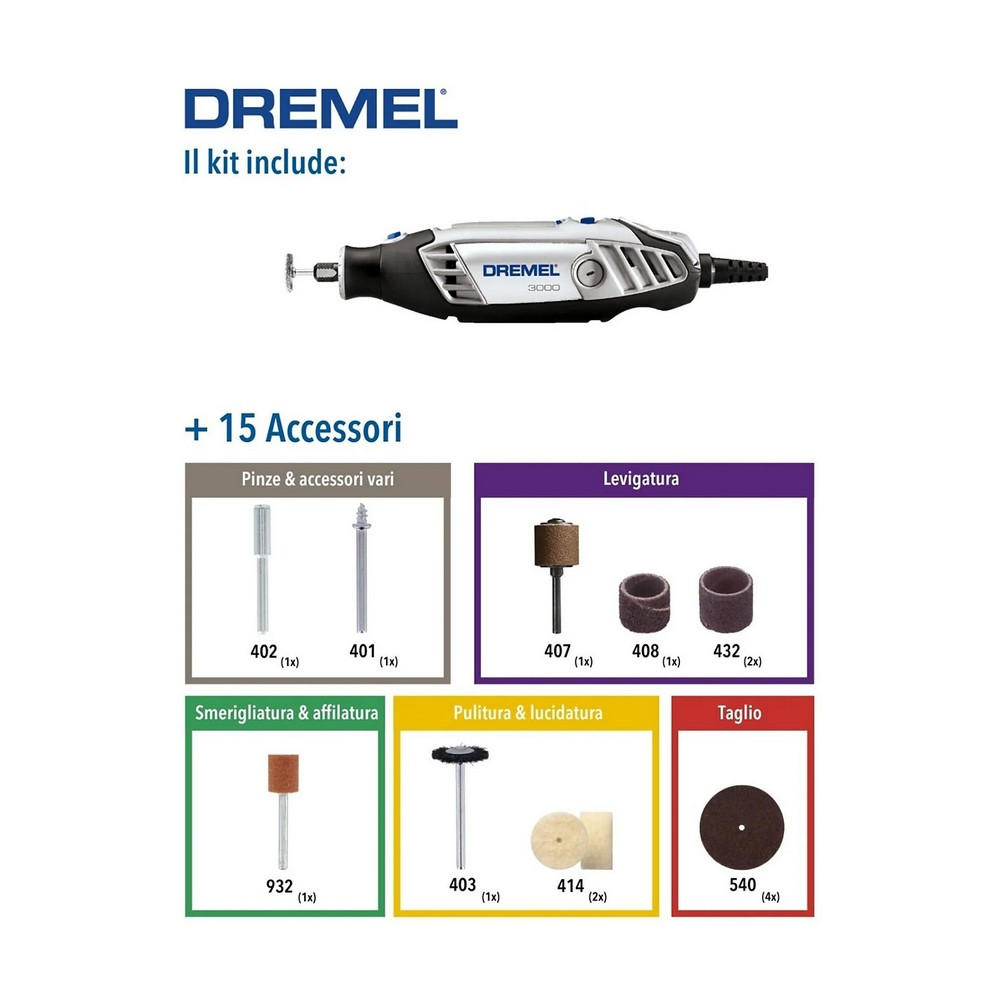 Dremel döner alet takımı ve aksesuarları. Taşlama, cilalama ve kesme ekleri içerir. Metin: 'Il kit include: + 15 Accessori'.
