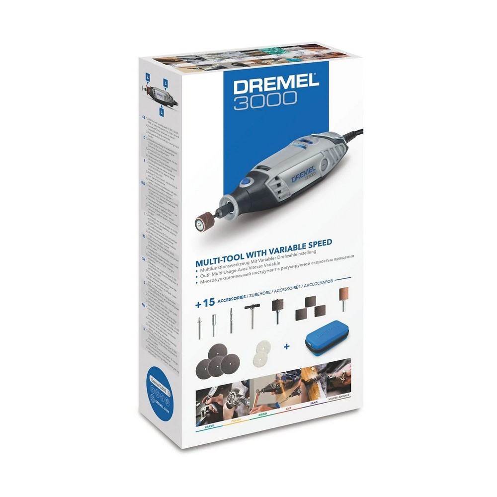 Dremel 3000 çoklu alet kutusu. Aleti, aksesuarları ve açıklamaları gösterir. Kutu beyaz, mavi detaylı ve alet çizimleriyle.