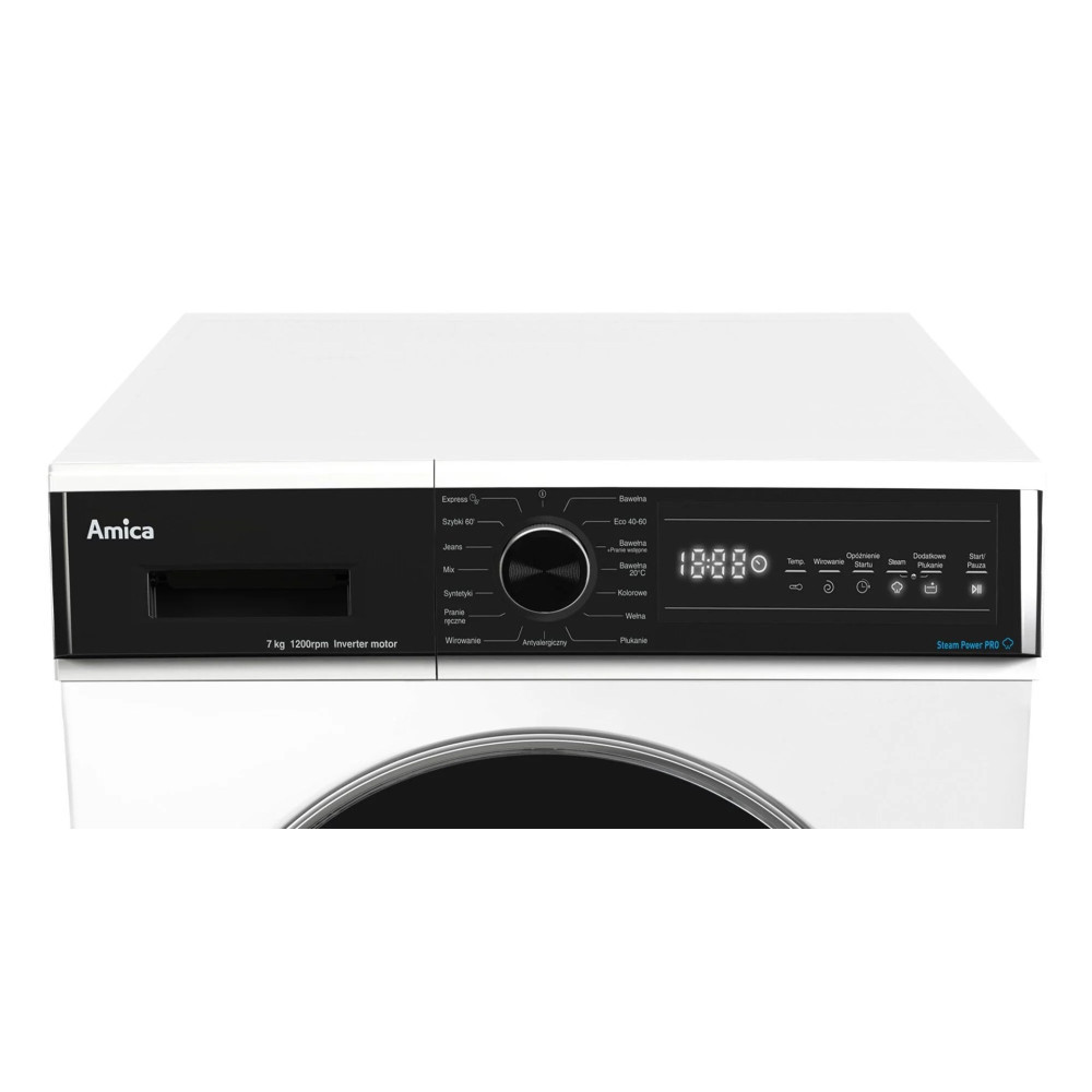Biała pralka Amica z czarnym panelem sterowania wyświetla ustawienia i zegar cyfrowy. Pralka ma silnik inwerterowy 7 kg 1200 obr./min.