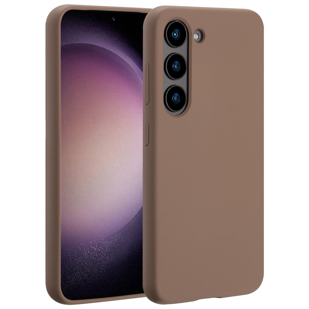 Een bruine telefoonhoes met een telefoon erin. De hoes heeft uitsparingen voor de camera en knoppen. Het telefoonscherm toont een paarse gradiënt.