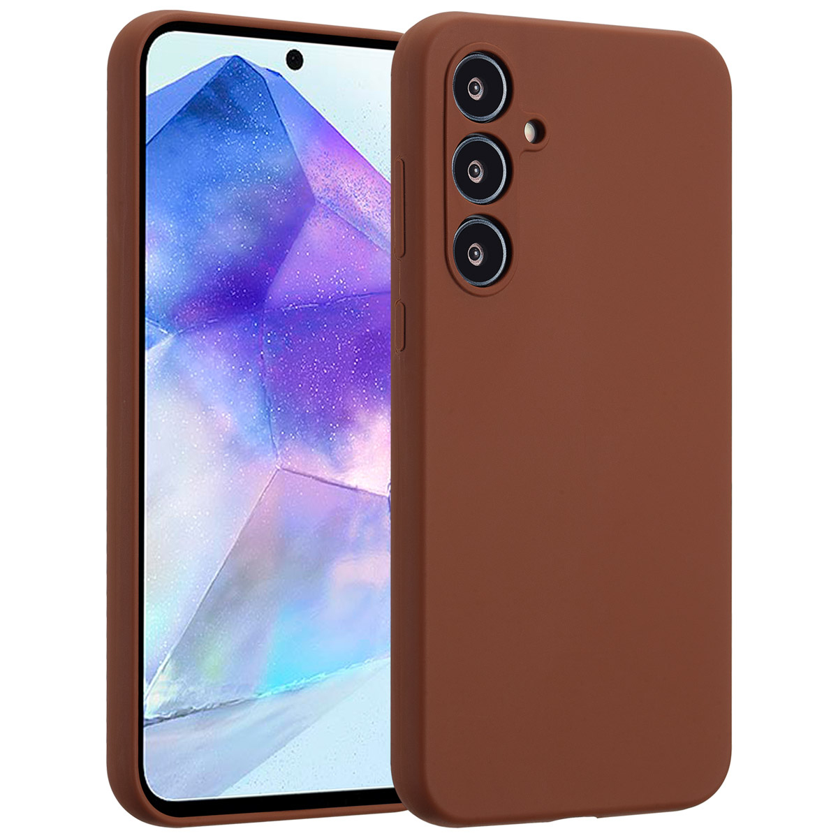 Une coque de téléphone marron avec un téléphone à l'intérieur. L'écran du téléphone affiche une image abstraite violette et blanche.