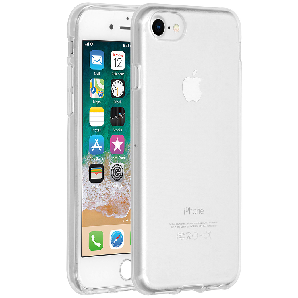 Een iPhone 7 met een doorzichtige beschermhoes. Het scherm toont app-iconen. De telefoon staat op een witte achtergrond.