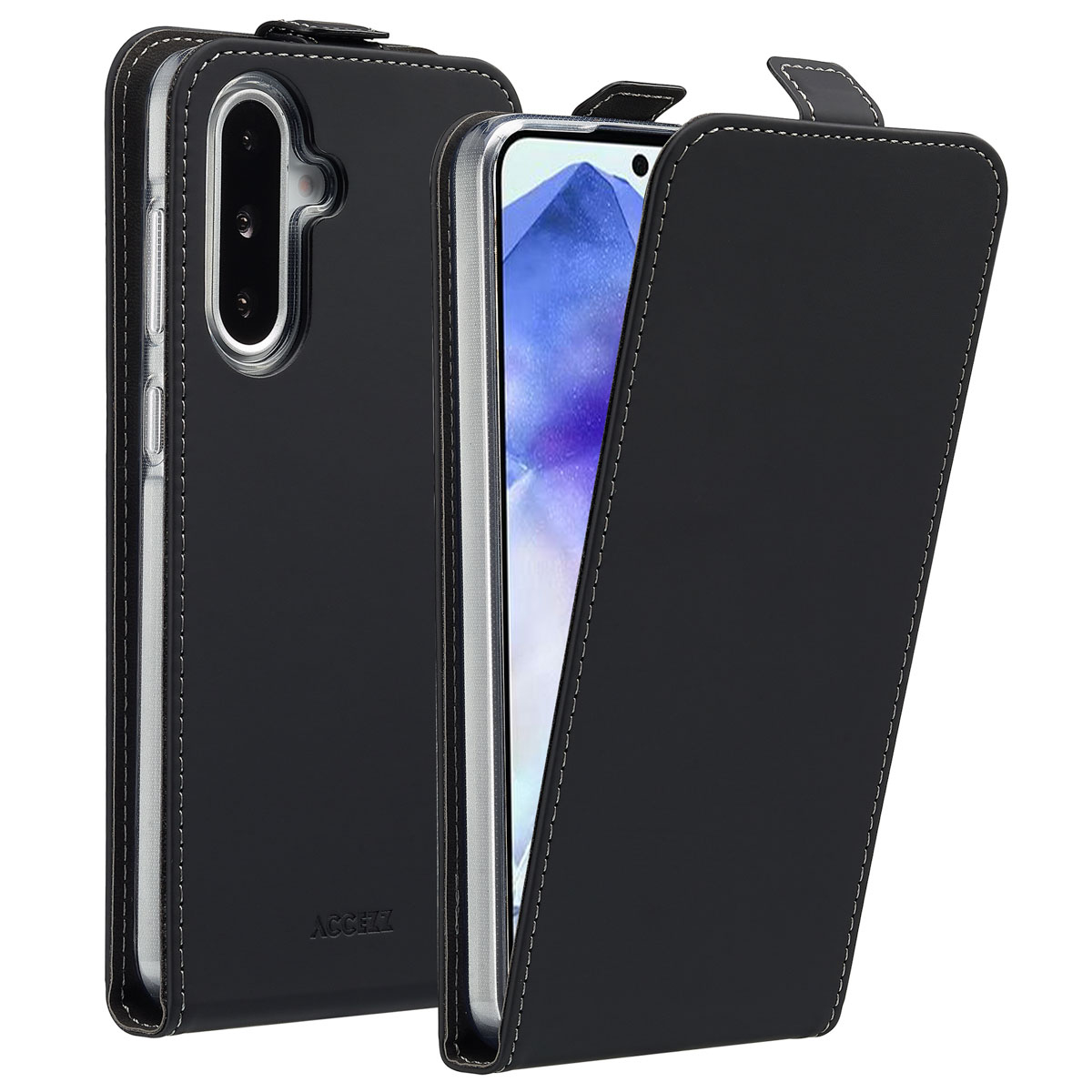 Zwarte telefoonhoes met witte stiksels. Eén hoes is open, met het telefoonscherm. De andere is gesloten, met een camera-uitsparing.