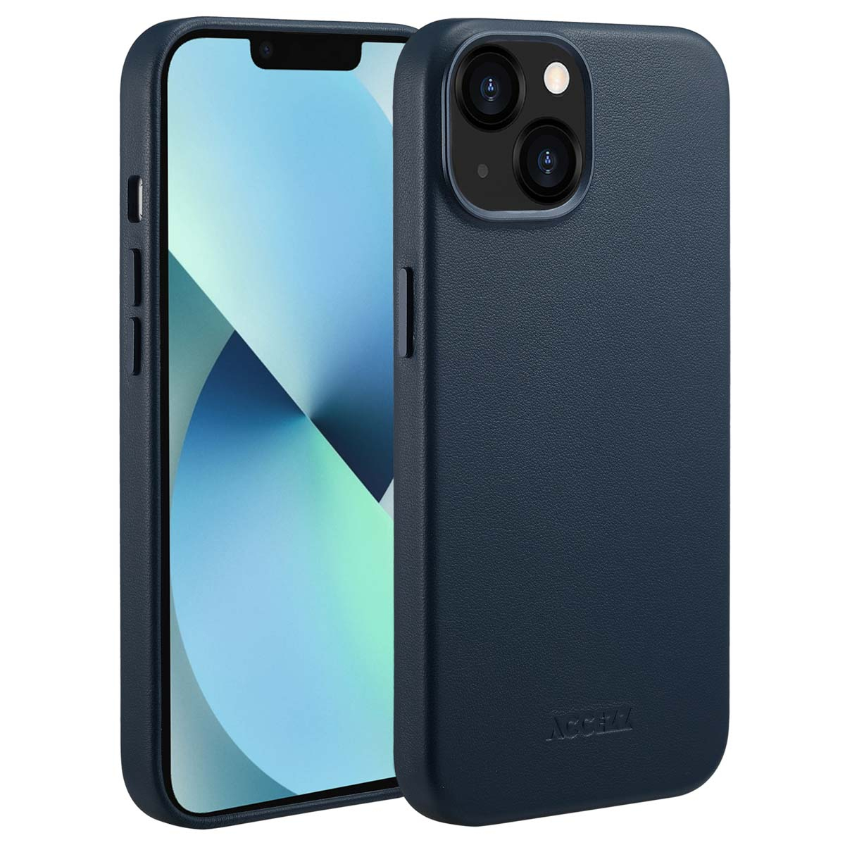 Een marineblauwe telefoonhoes wordt getoond met een iPhone. De hoes heeft een textuurafwerking. Het telefoonscherm toont een lichtblauwe afbeelding.