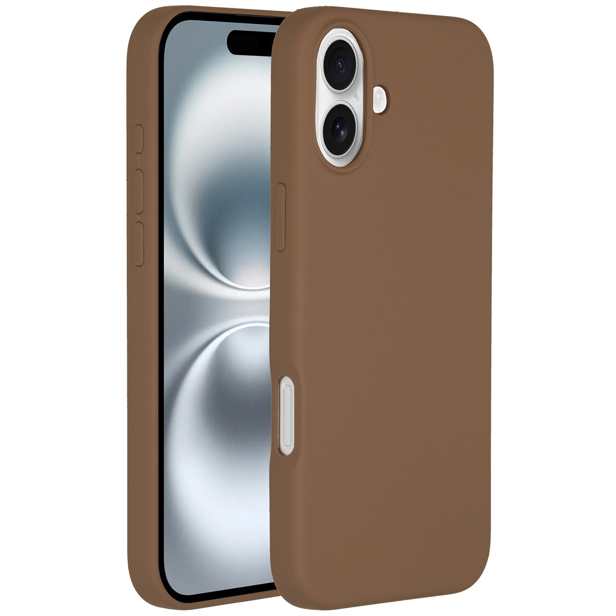 Une coque de téléphone marron avec un téléphone à l'intérieur. La coque a des trous pour la caméra et des boutons. L'écran du téléphone reflète la lumière.