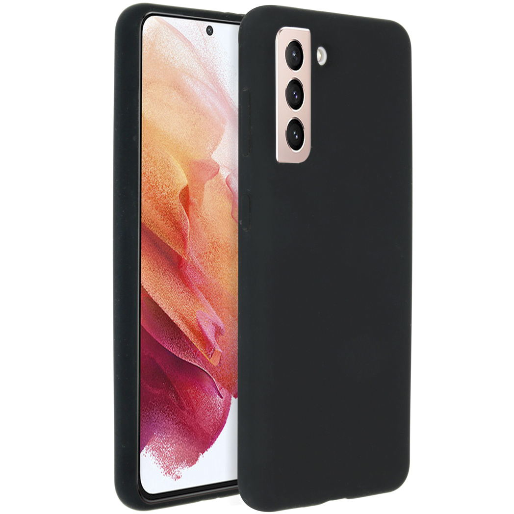 Een zwarte telefoonhoes met een telefoon erin. De telefoon heeft een roze scherm. Drie camera's zijn zichtbaar op de hoes.