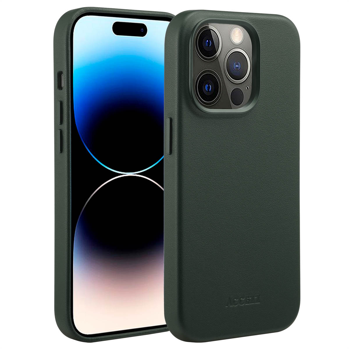 Un étui de téléphone et un téléphone vert foncé. L'écran affiche un dégradé bleu et blanc. L'étui a des découpes de caméra et un logo.