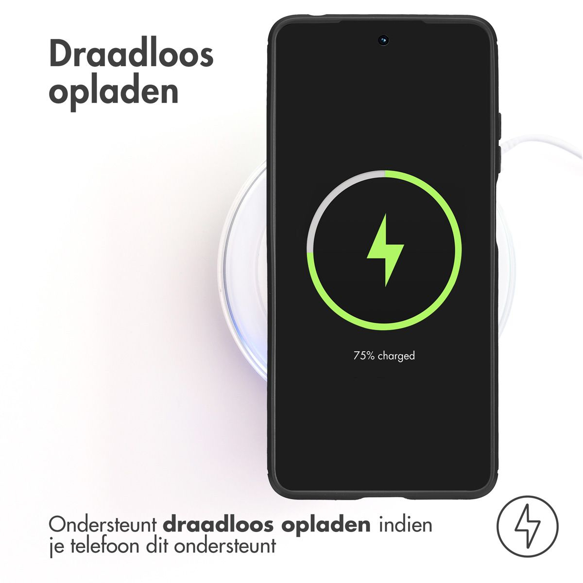Een telefoon laadt draadloos op een pad. Het scherm toont 75% opgeladen. Nederlandse tekst vermeldt draadloos opladen.