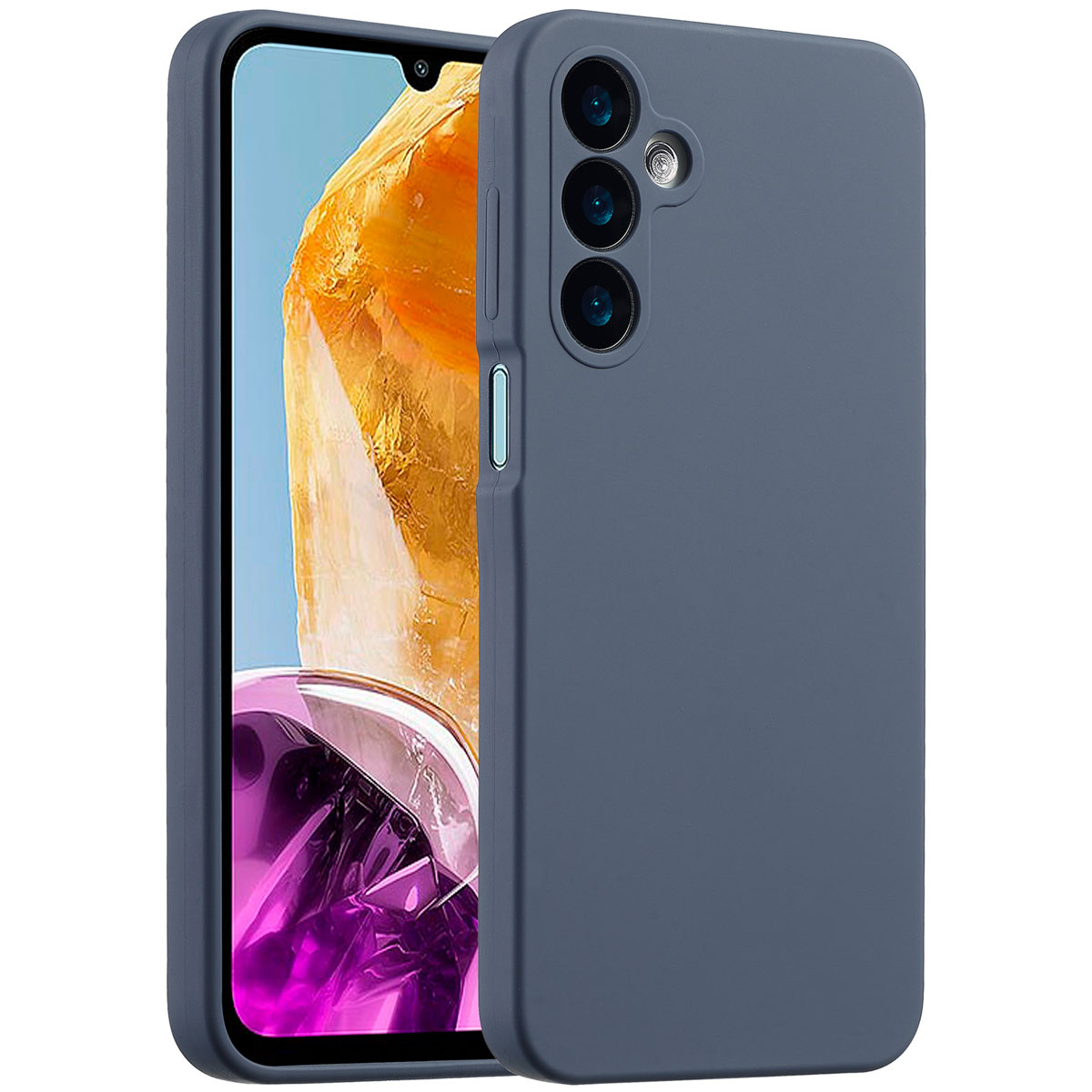 Dunkelblaue Handyhülle neben einem Telefon. Der Telefonbildschirm zeigt abstrakte Kunst in Gelb- und Lilatönen.
