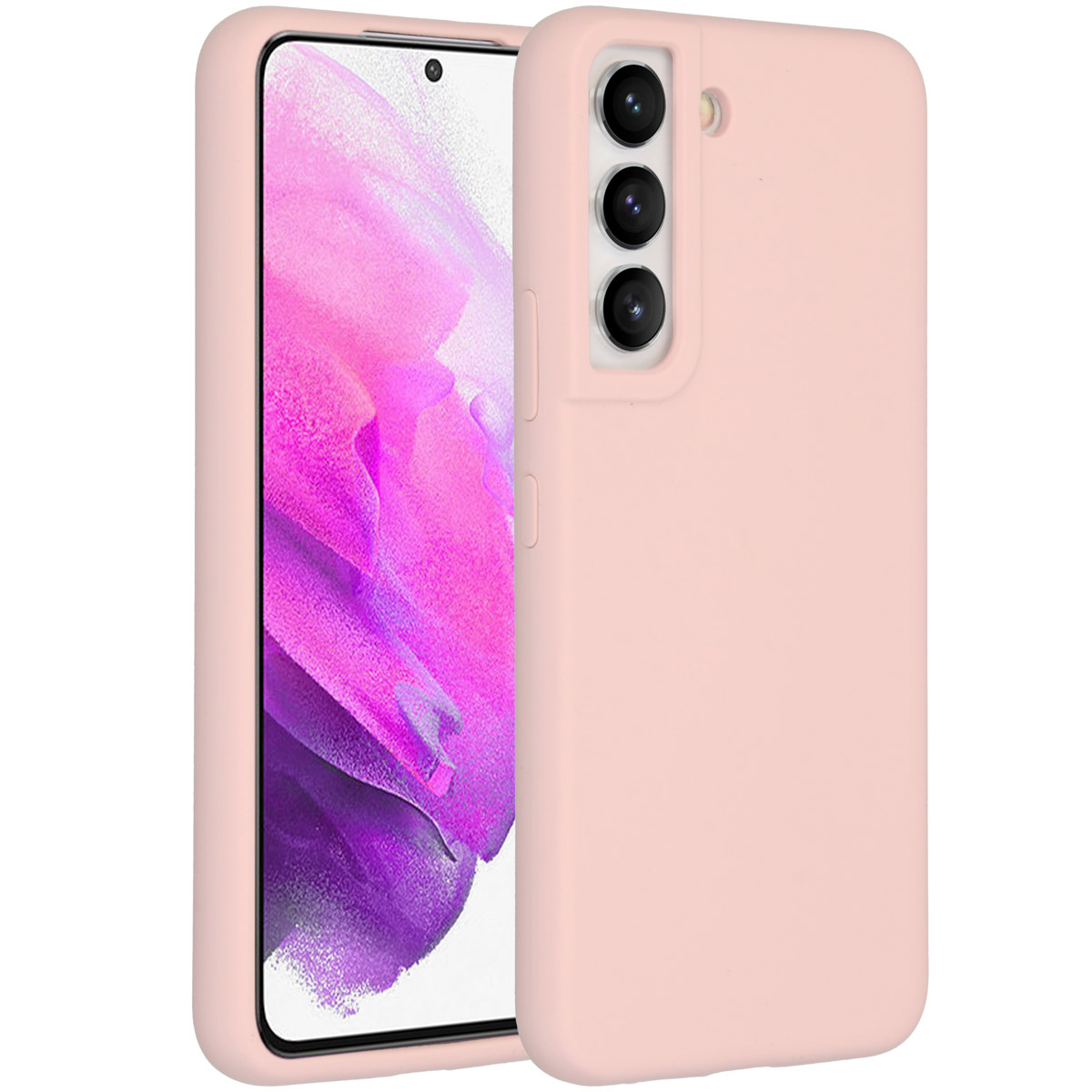 Ein hellrosa Handyhülle und ein Handy. Das Handy zeigt einen abstrakten Hintergrund in Rosa und Weiß. Die Hülle hat drei Kameralinsen.