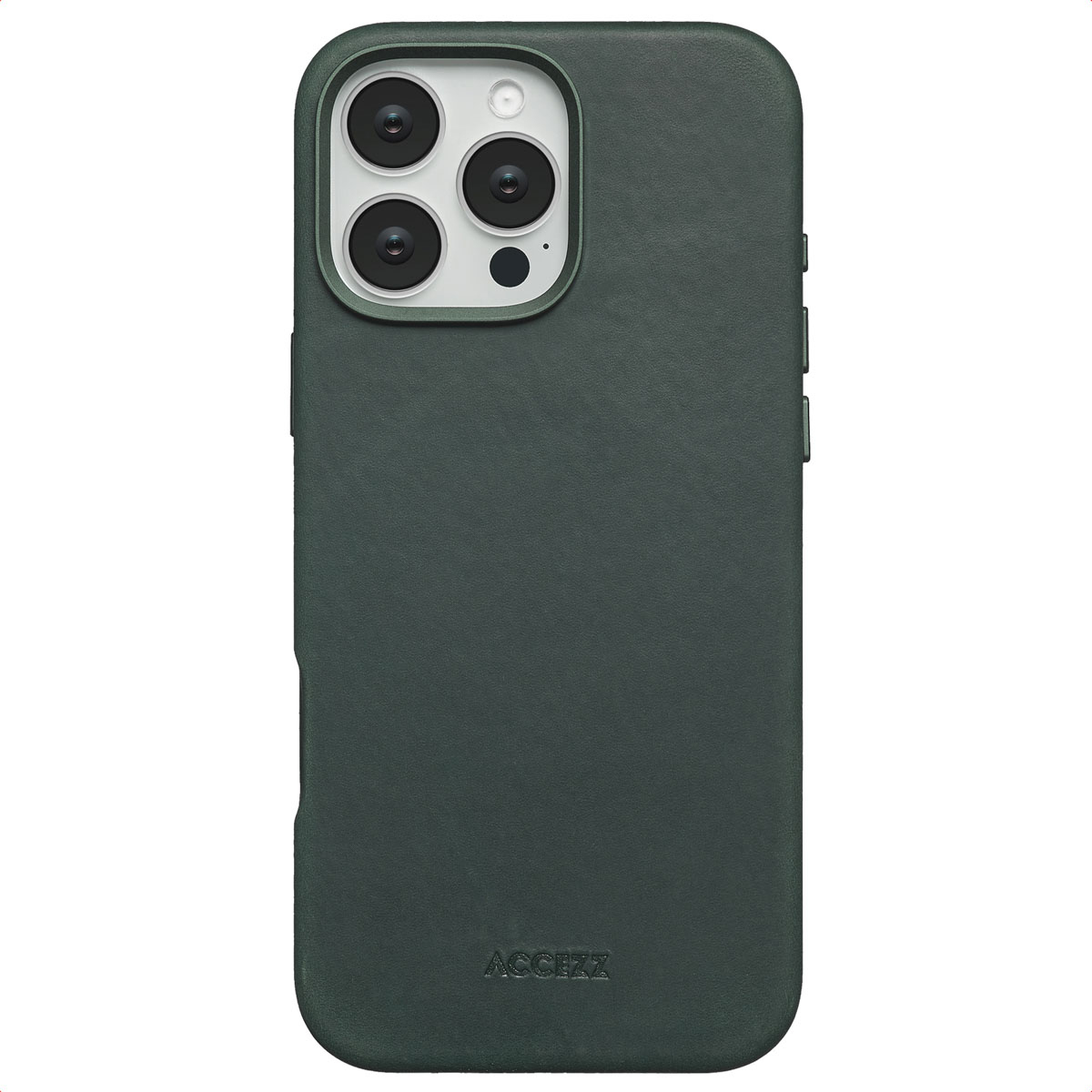 Een donkergroene telefoonhoes met de merknaam ACCEZZ onderaan. De hoes heeft een uitsparing voor de camera met drie lenzen en een flitser.