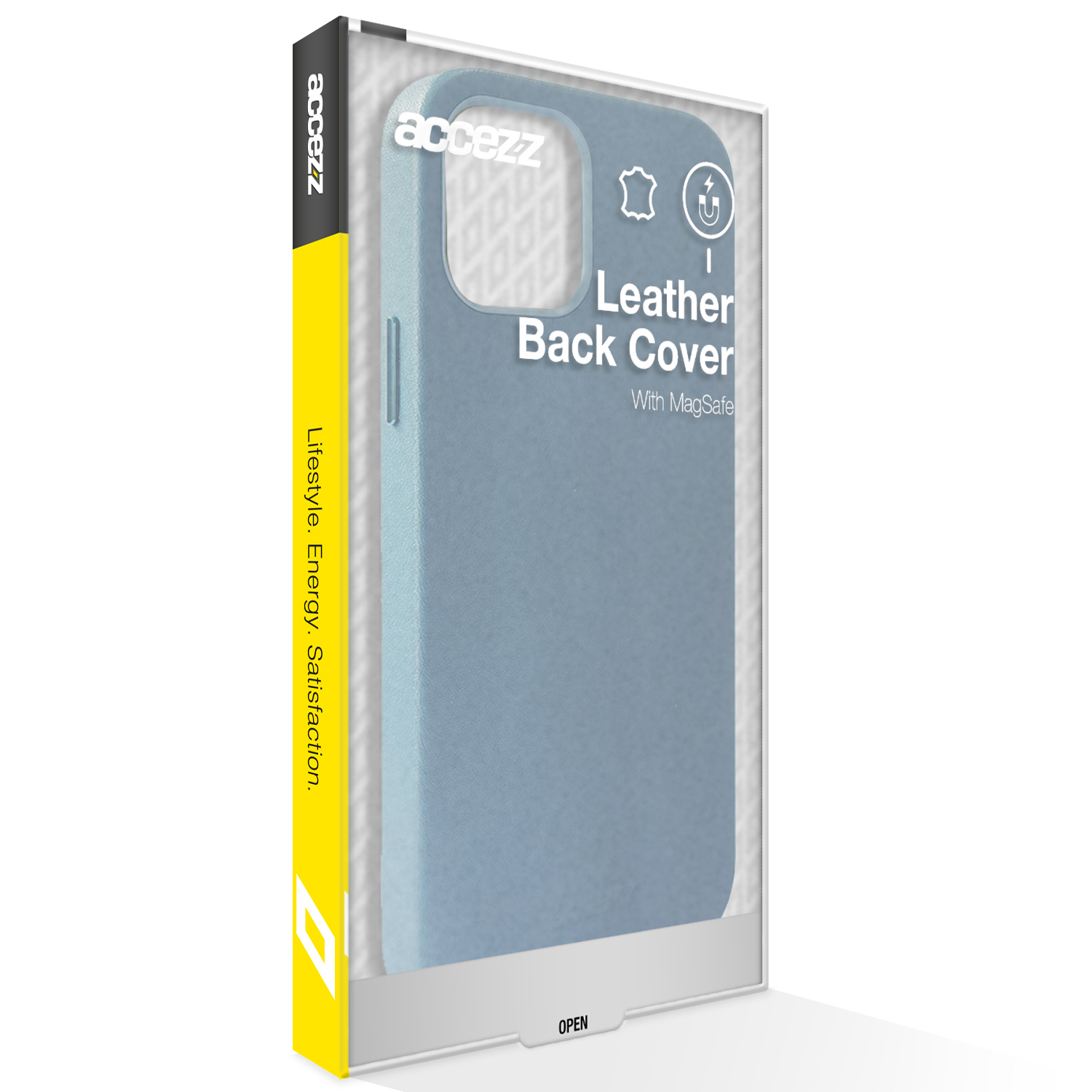 Een telefoonhoesje in een doos. Het is blauw en heeft het label 'Leather Back Cover With MagSafe'. De doos is wit met gele zijkanten en de merknaam.