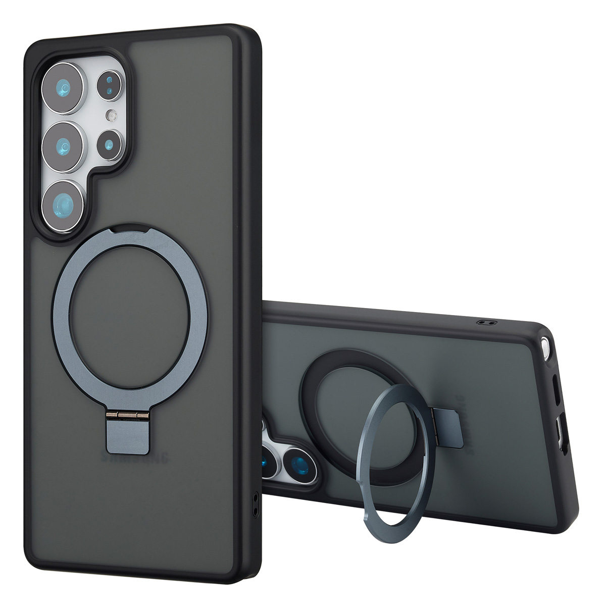 Deux coques de téléphone, une droite, l'autre inclinée. Les deux sont gris foncé avec un support d'anneau. La droite montre les lentilles de la caméra.