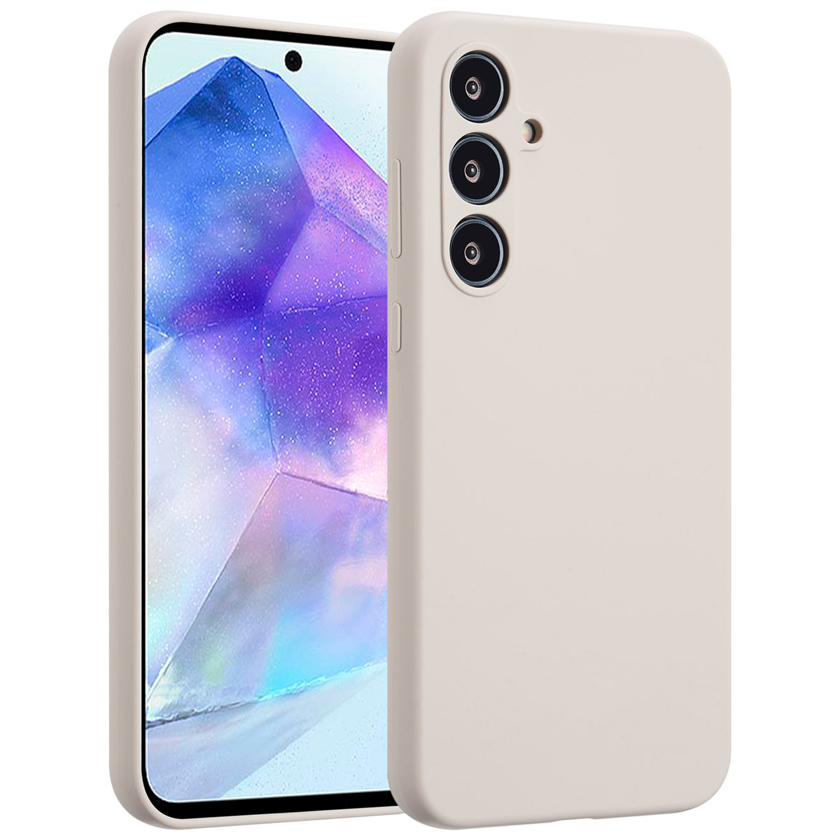 Un smartphone beige dans un étui, montrant l'écran avec un fond coloré. L'étui a trois lentilles de caméra.